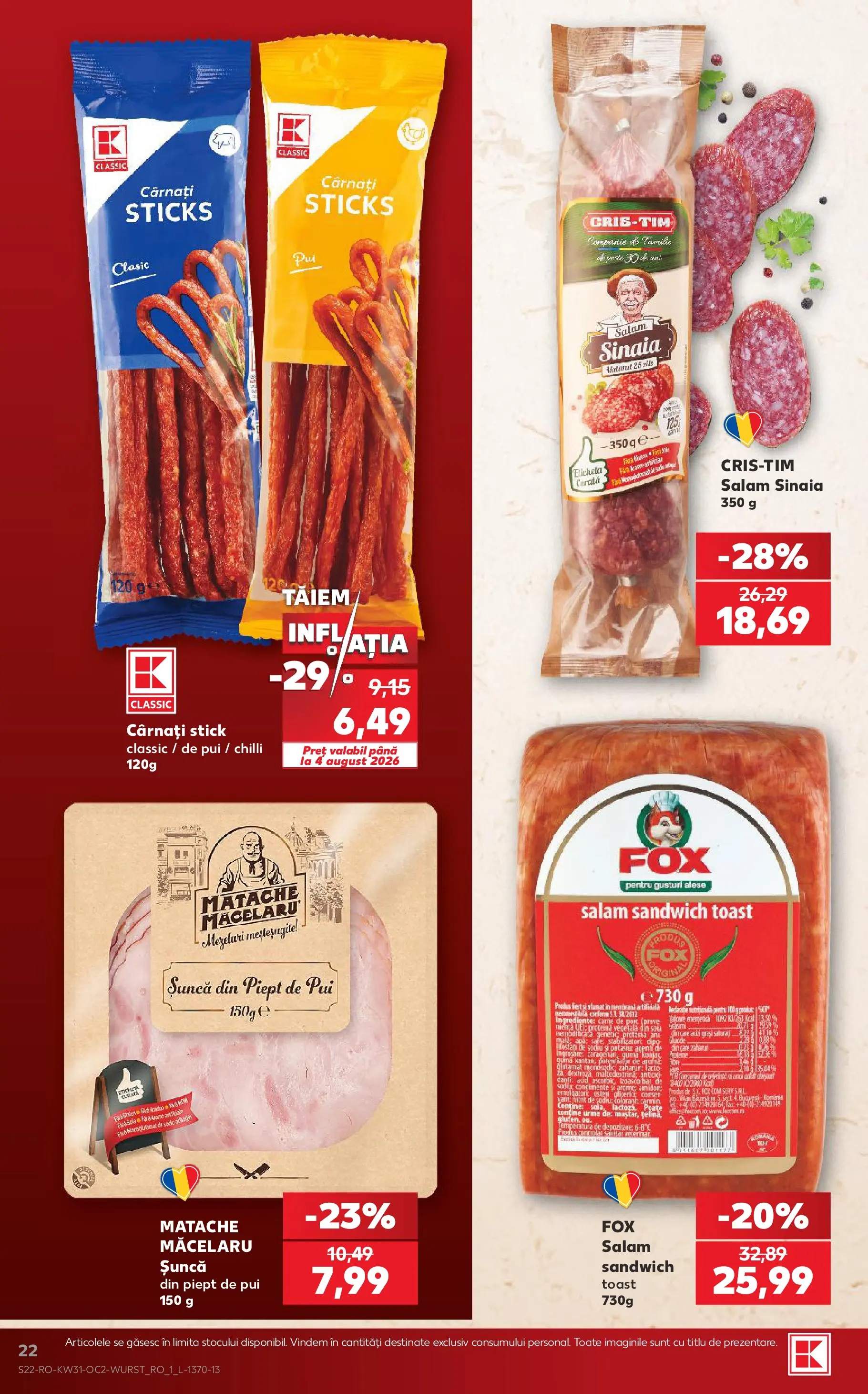 Kaufland Curtea de Argeș 29.07.2026 - Revista si Oferta | Pagină: 22 | Produse: Hacıyatmaz Kedi Oyuncağı, Salam, Șuncă, Cârnați
