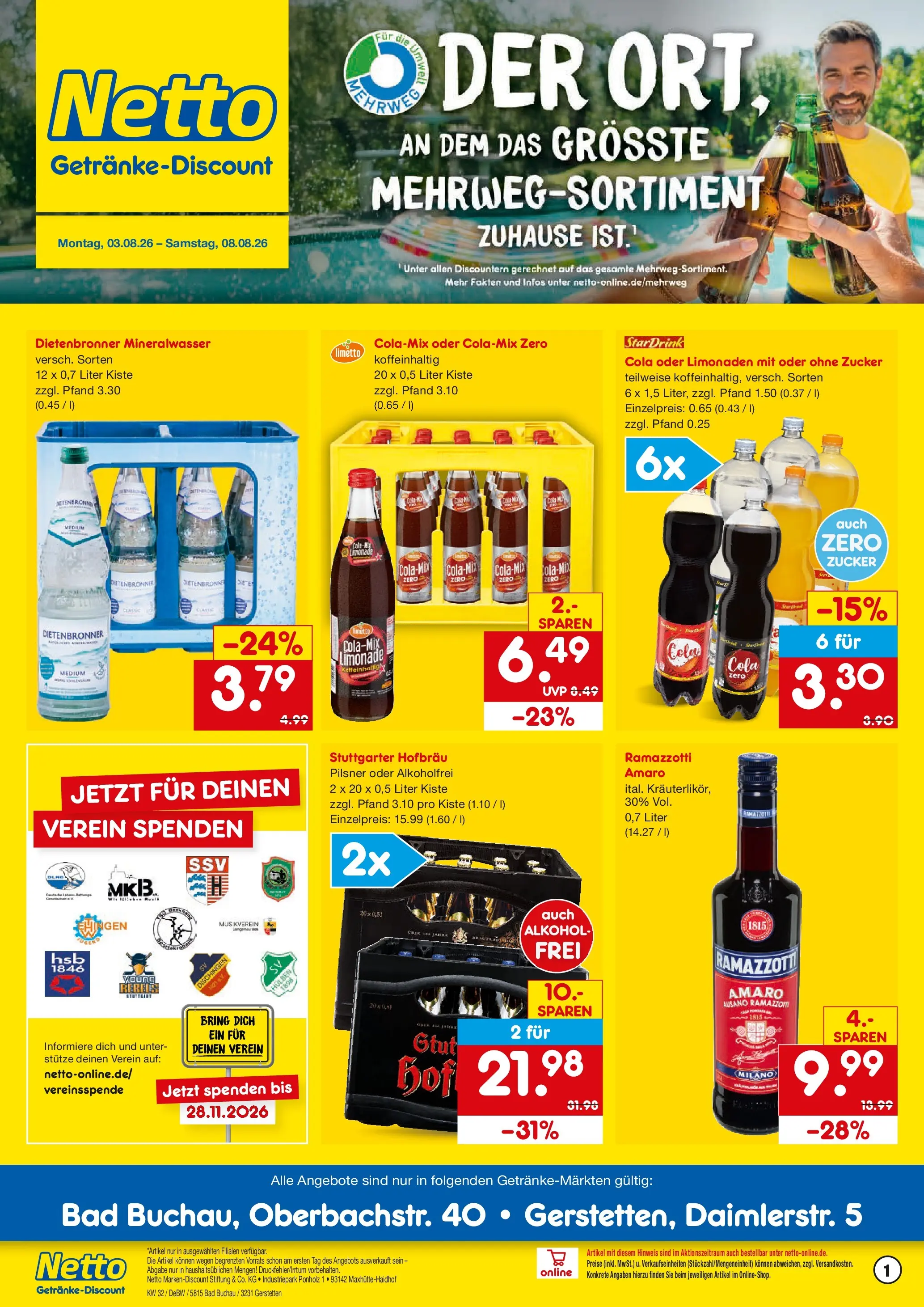 Netto Marken-Discount Prospekt Gerstetten (ab 03.08.2026) » Angebote | Seite: 1 | Produkte: Cola, Bad, Mineralwasser, Zucker