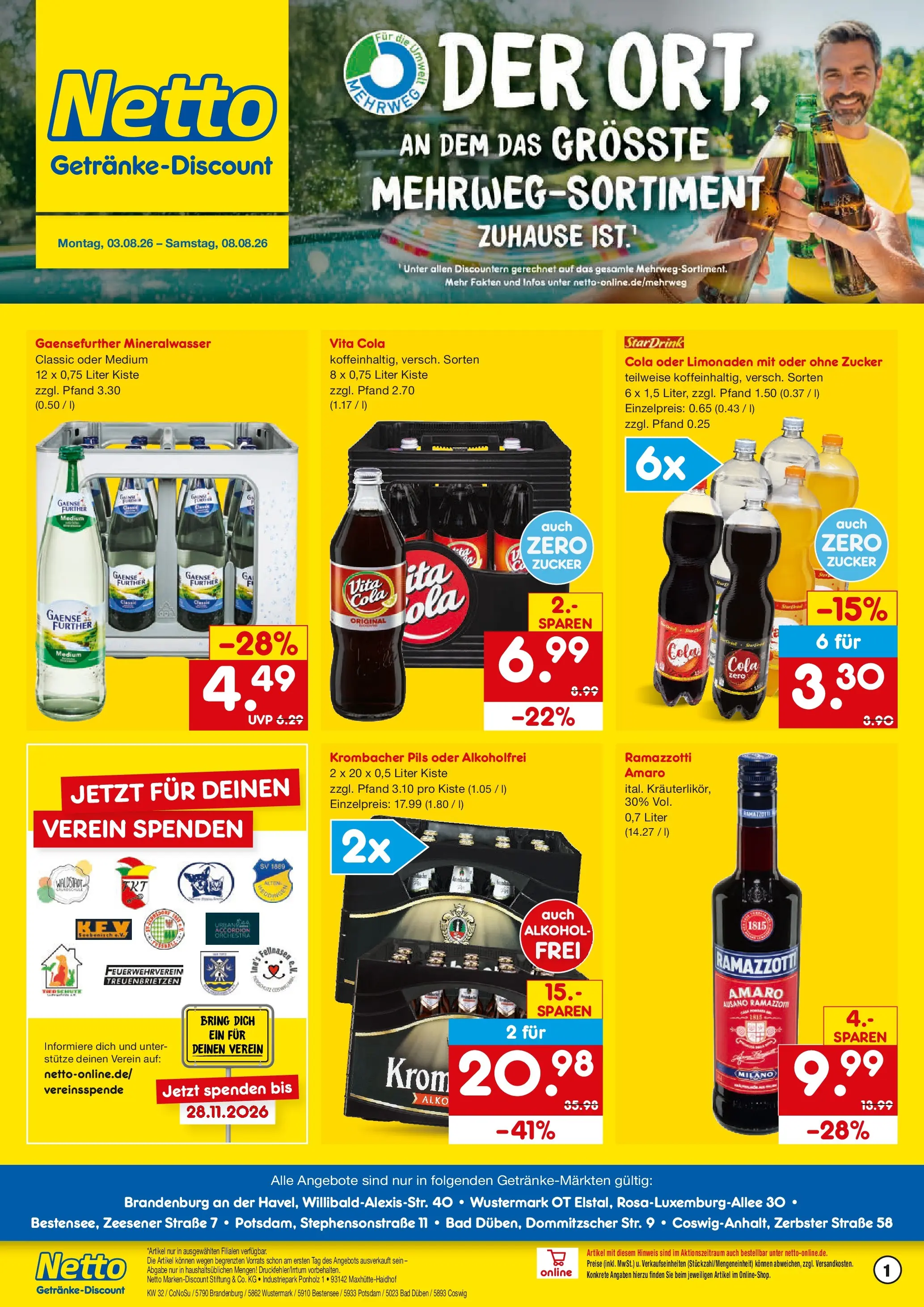 Netto Marken-Discount Prospekt Brandenburg An Der Havel (ab 03.08.2026) » Angebote | Seite: 1 | Produkte: Cola, Pils, Vita cola, Ramazzotti