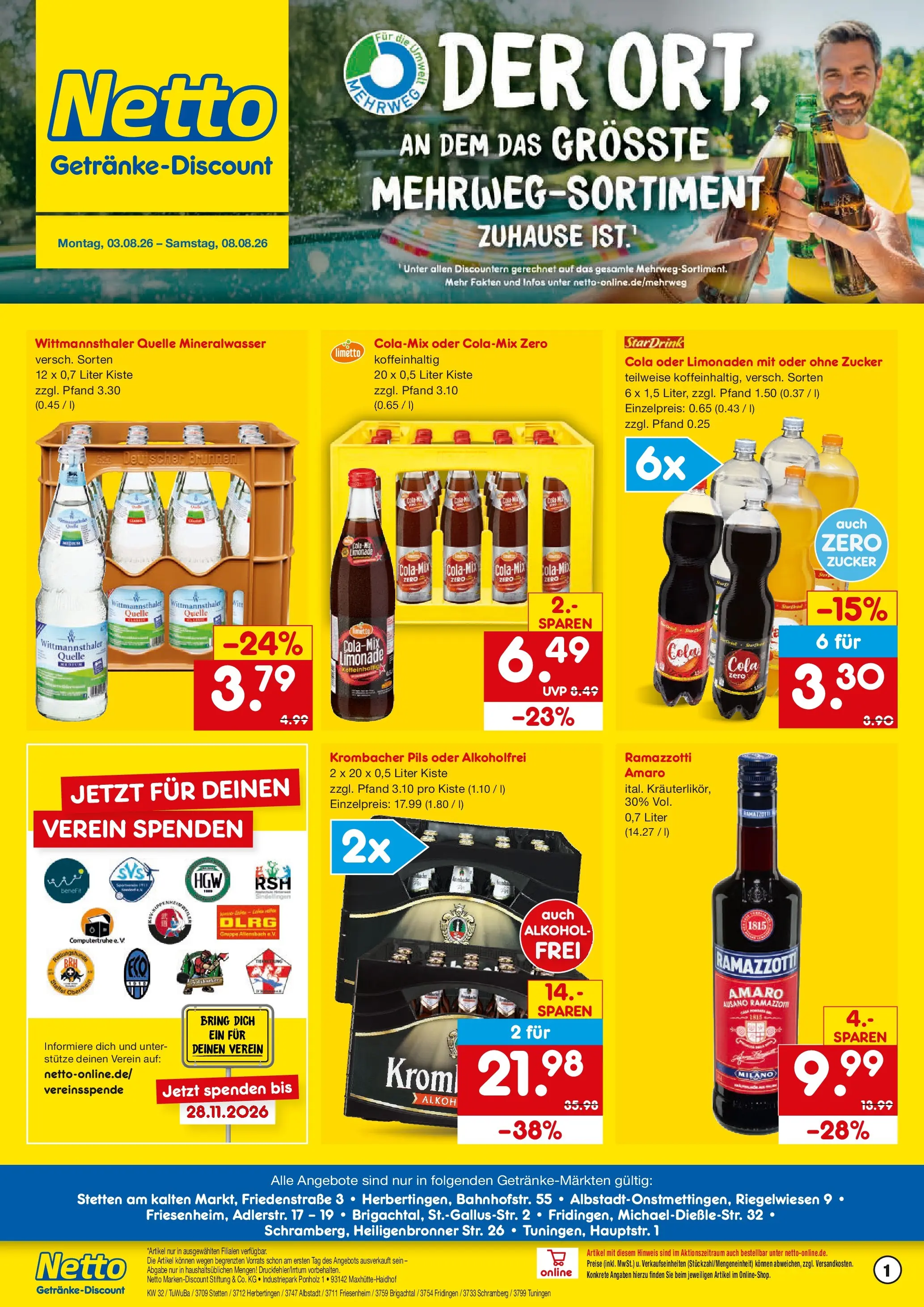Netto Marken-Discount Prospekt Herbertingen (ab 03.08.2026) » Angebote | Seite: 1 | Produkte: Cola, Pils, Limonade, Ramazzotti