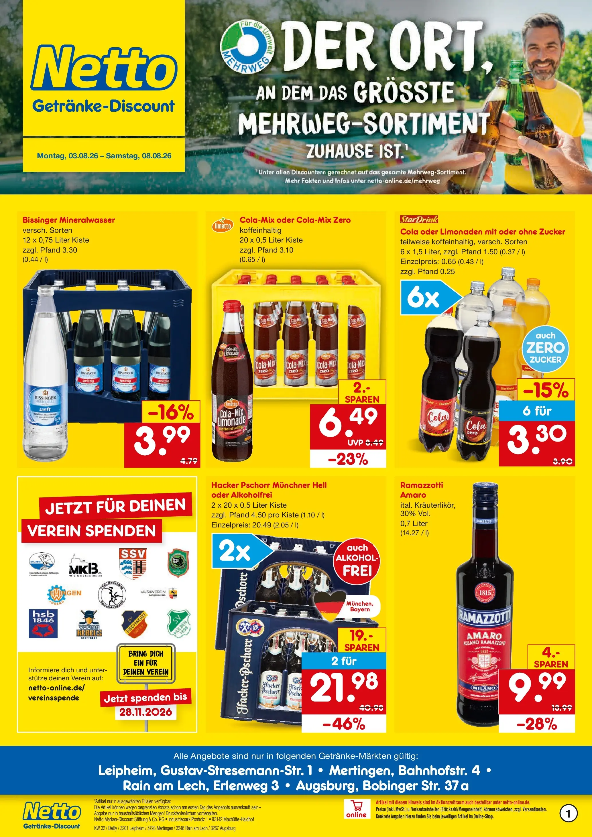 Netto Marken-Discount Prospekt Augsburg-Inningen (ab 03.08.2026) » Angebote | Seite: 1 | Produkte: Cola, Mineralwasser, Zucker, Ramazzotti