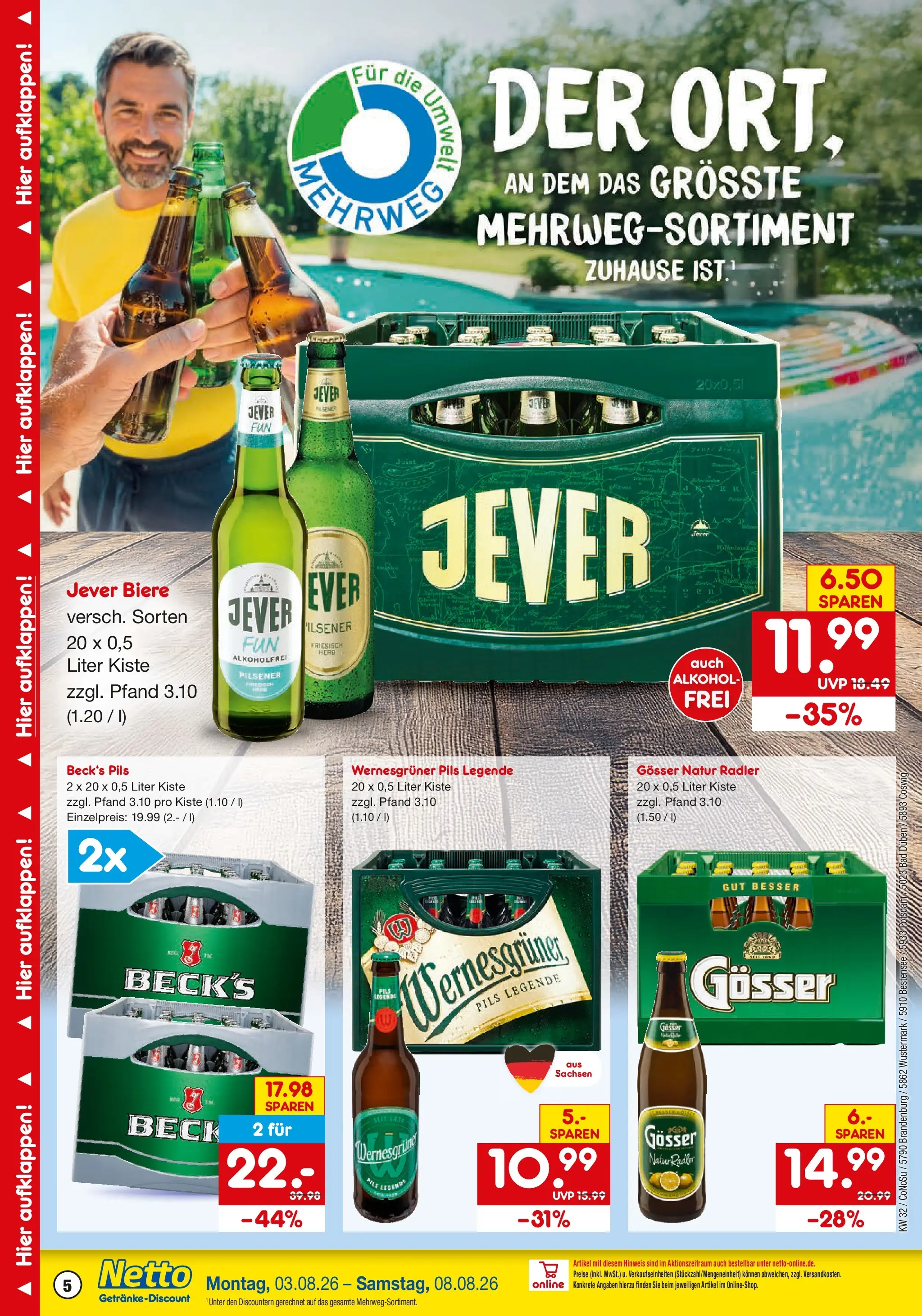 Netto Marken-Discount Prospekt Brandenburg An Der Havel (ab 03.08.2026) » Angebote | Seite: 5 | Produkte: Pils, Wernesgruner, Radler, Jever