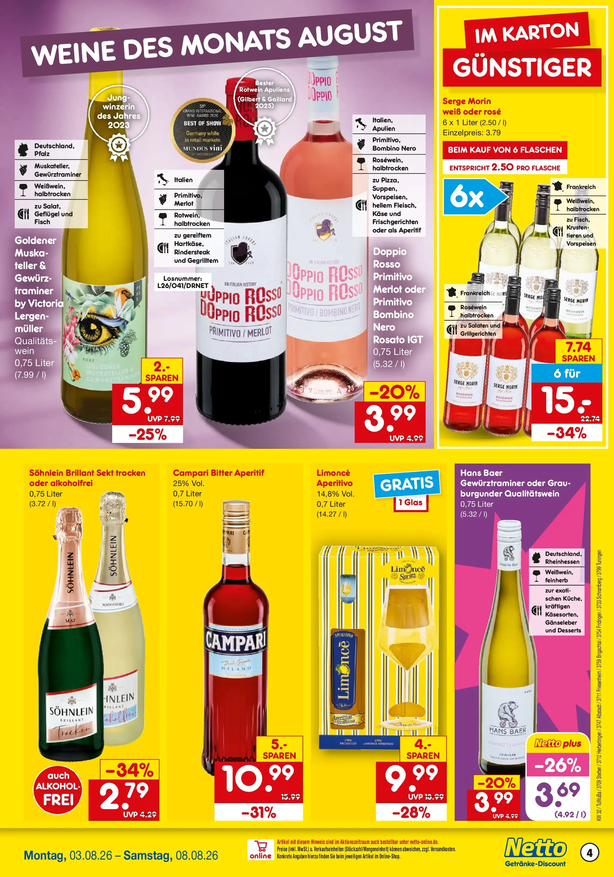 Netto Marken-Discount Prospekt Herbertingen (ab 03.08.2026) » Angebote | Seite: 4 | Produkte: Rosewein, Fisch, Prosecco, Wein