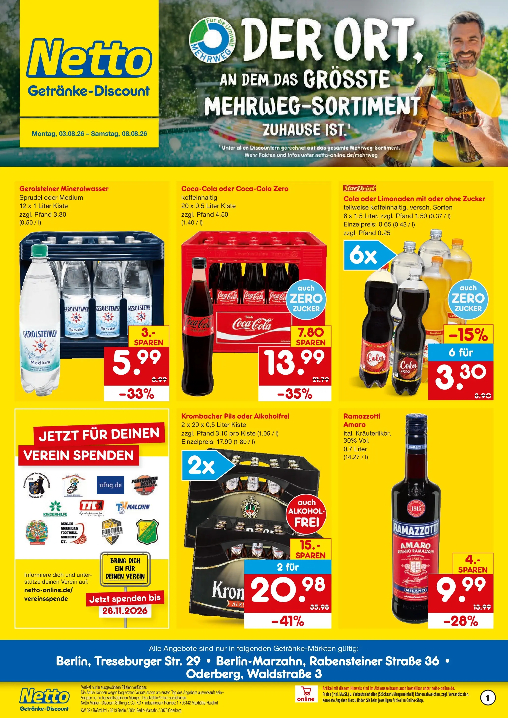 Netto Marken-Discount Prospekt Berlin (ab 03.08.2026) » Angebote | Seite: 1 | Produkte: Coca cola, Cola, Pils, Zucker