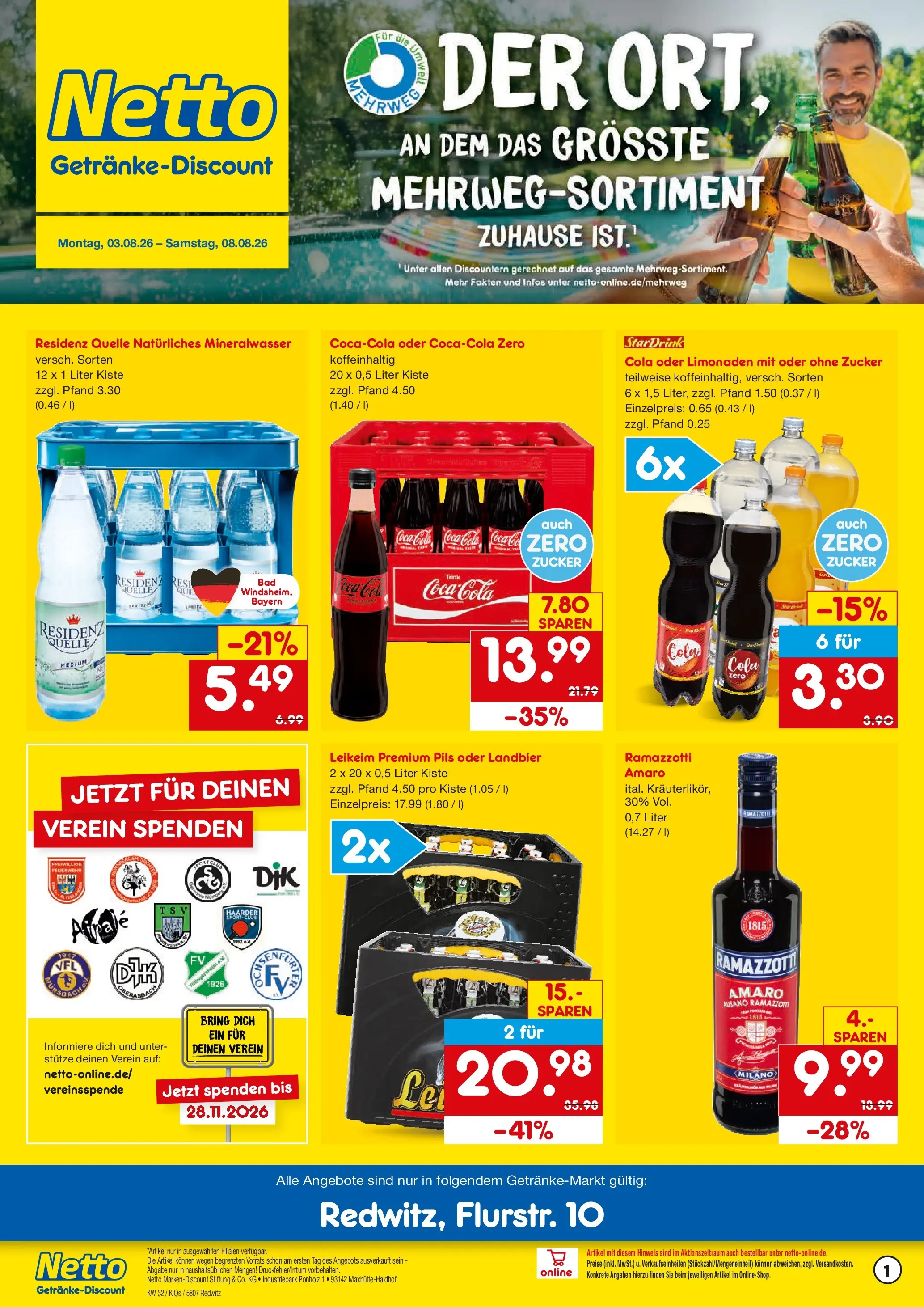 Netto Marken-Discount Prospekt Redwitz (ab 03.08.2026) » Angebote | Seite: 1 | Produkte: Sprite, Mineralwasser, Zucker, Ramazzotti