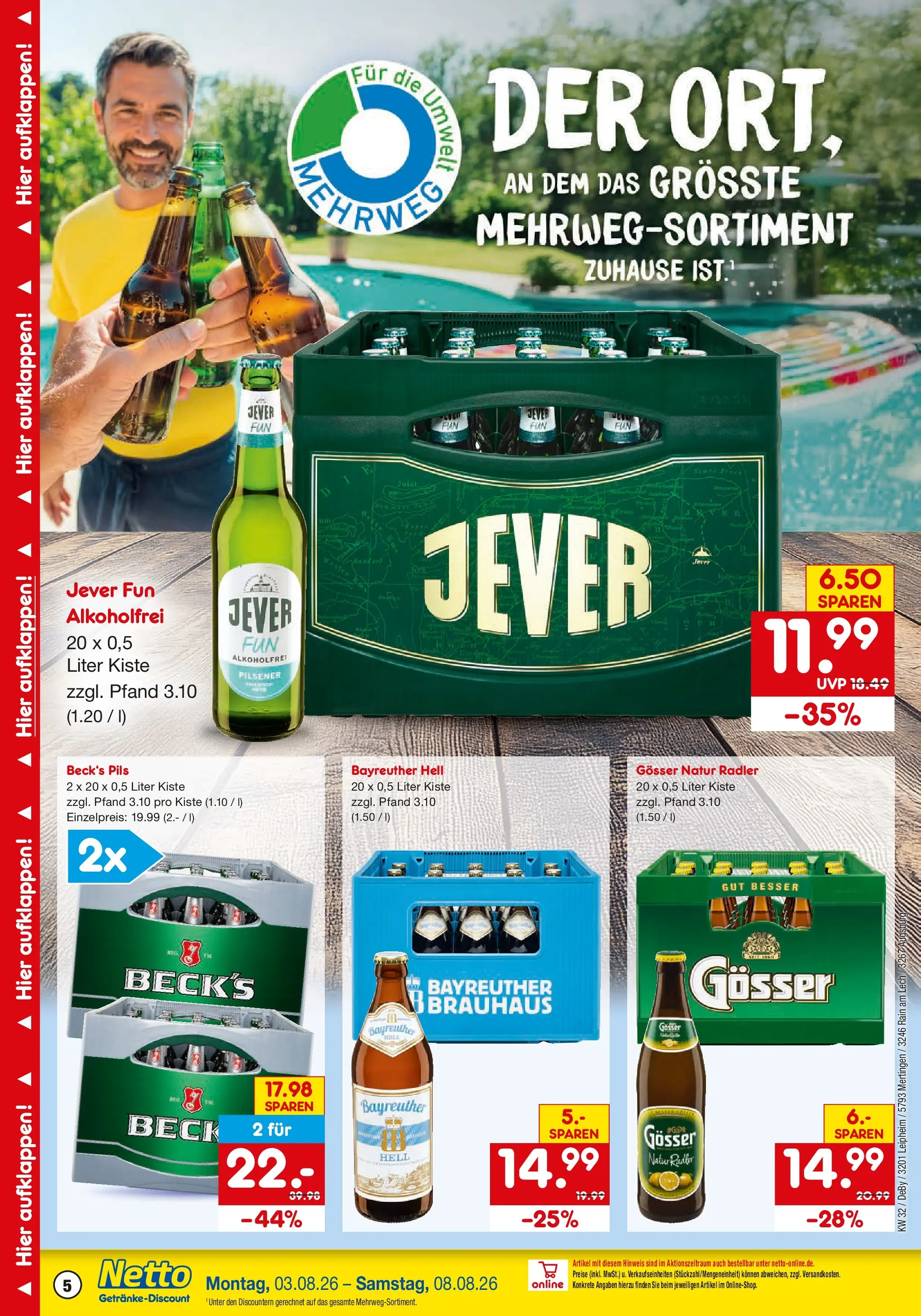 Netto Marken-Discount Prospekt Augsburg-Inningen (ab 03.08.2026) » Angebote | Seite: 5 | Produkte: Bayreuther hell, Pils, Radler, Jever