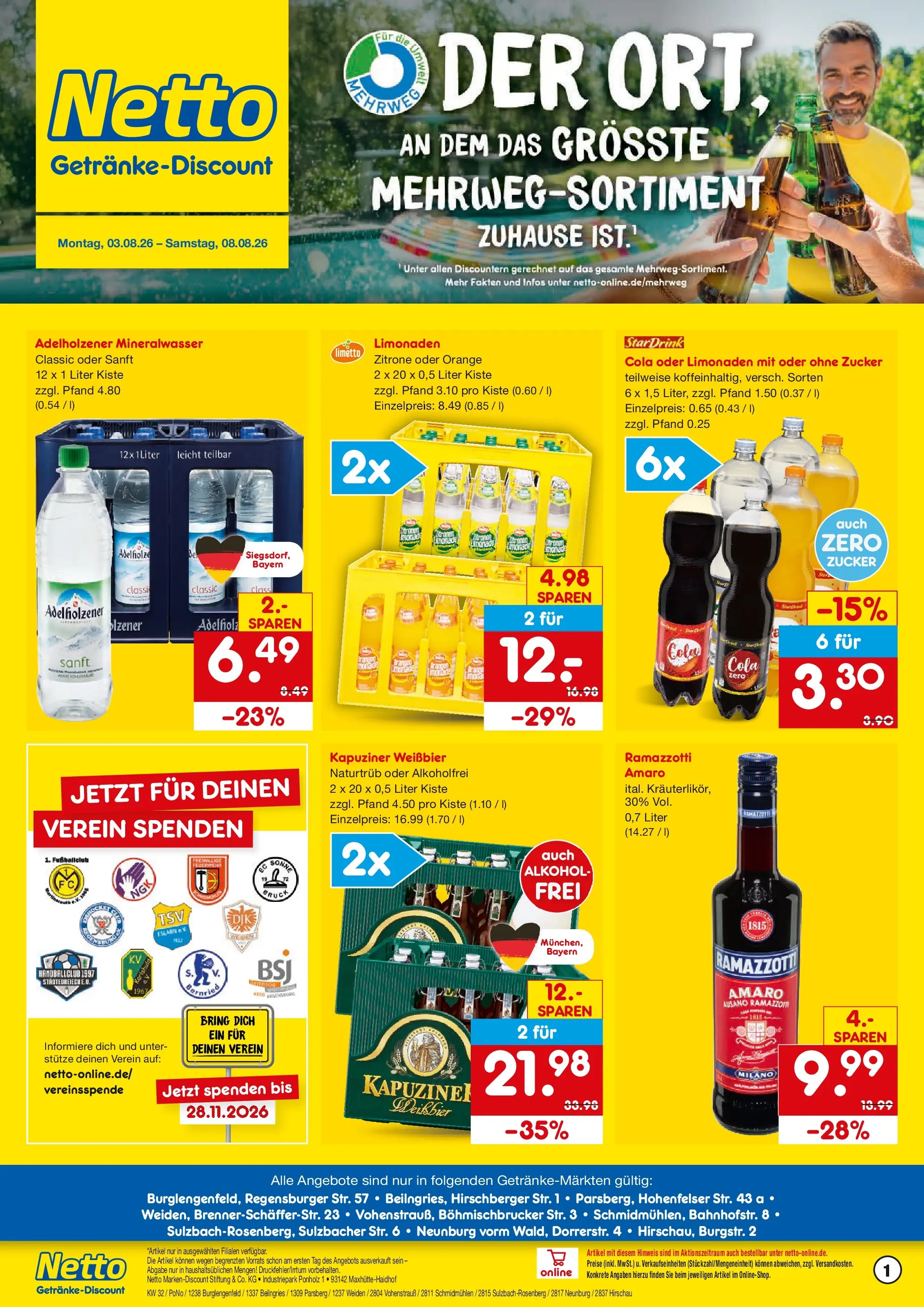 Netto Marken-Discount Prospekt Neunburg Vorm Wald (ab 03.08.2026) » Angebote | Seite: 1 | Produkte: Cola, Weißbier, Mineralwasser, Zucker