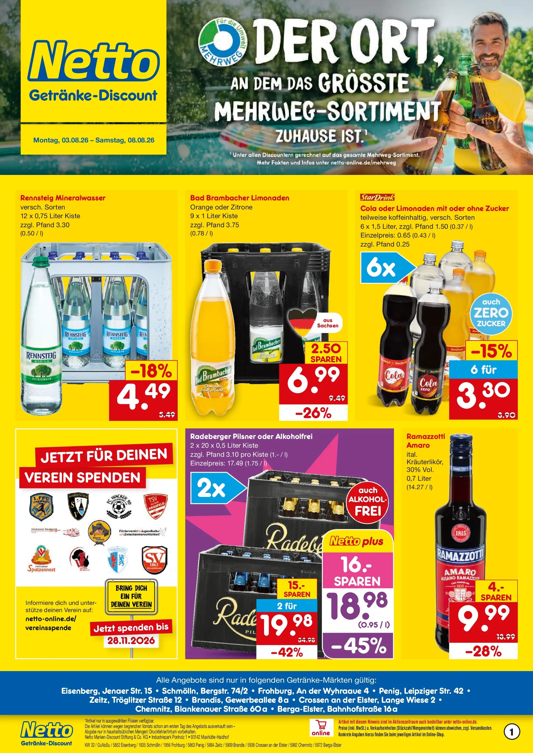 Netto Marken-Discount Prospekt Penig (ab 03.08.2026) » Angebote | Seite: 1 | Produkte: Bad, Mineralwasser, Zitrone, Radeberger pilsner