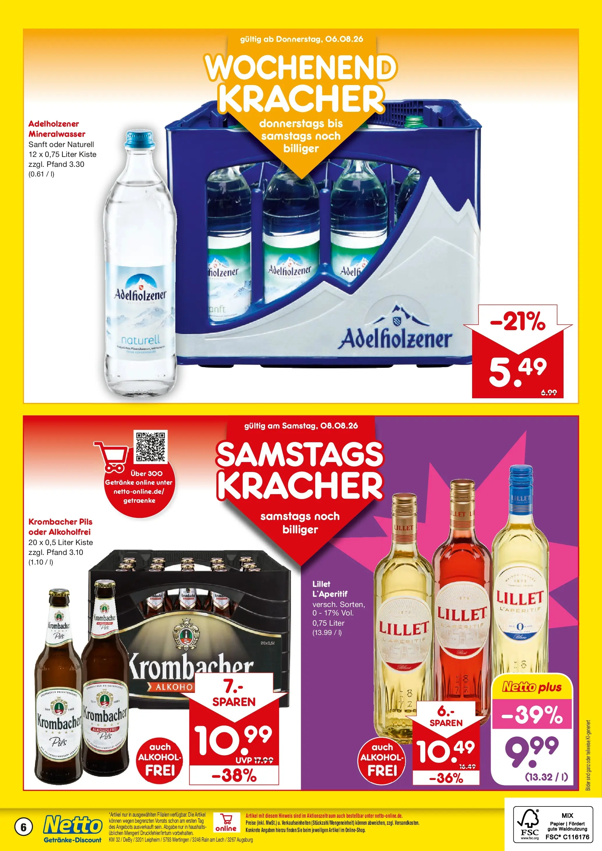 Netto Marken-Discount Prospekt Augsburg-Inningen (ab 03.08.2026) » Angebote | Seite: 6 | Produkte: Adelholzener, Mineralwasser, Lillet, Bilder