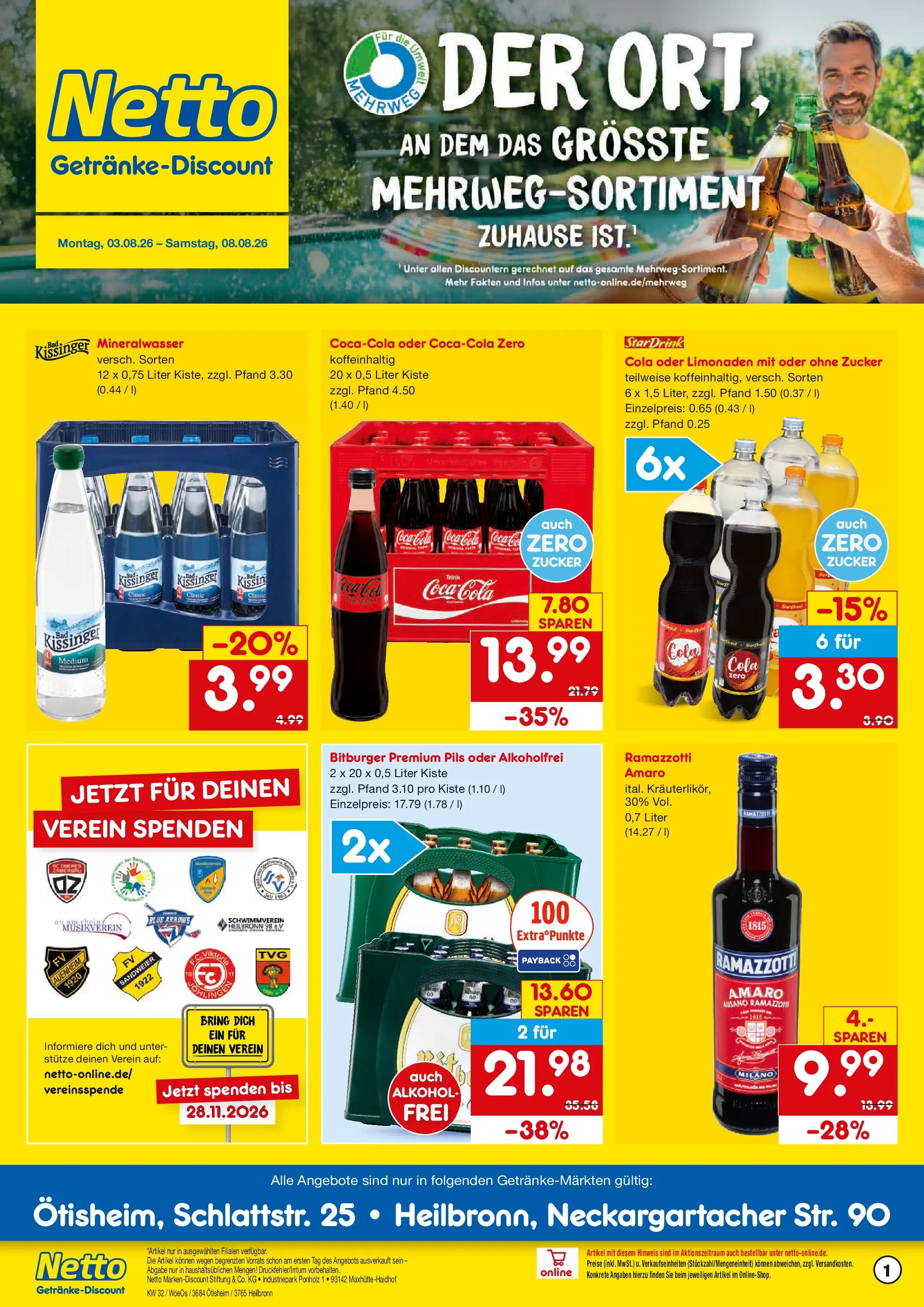 Netto Marken-Discount Prospekt Ötisheim (ab 03.08.2026) » Angebote | Seite: 1 | Produkte: Bitburger, Cola, Pils, Ramazzotti