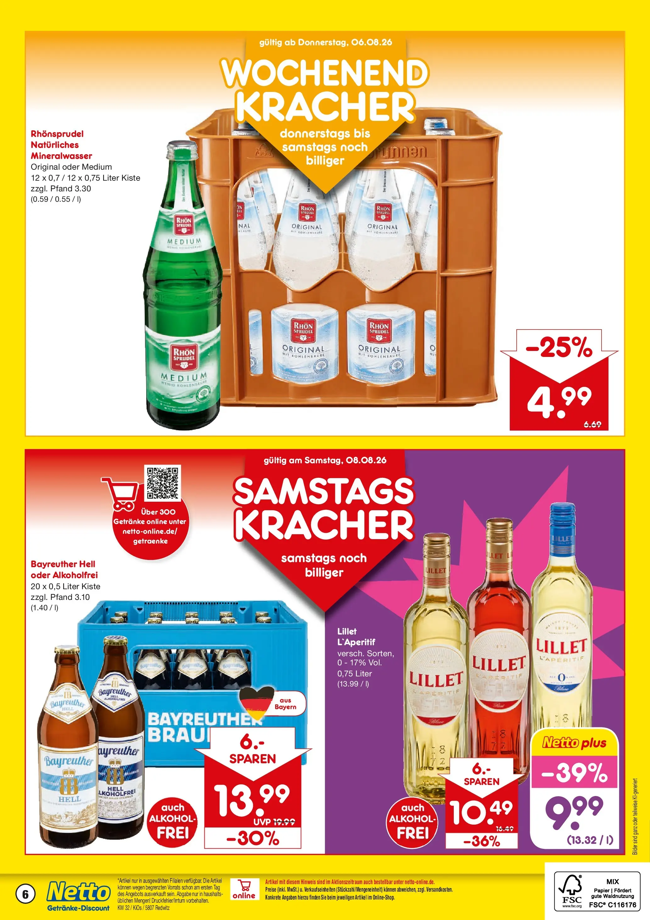 Netto Marken-Discount Prospekt Redwitz (ab 03.08.2026) » Angebote | Seite: 6 | Produkte: Mineralwasser, Lillet, Bilder, Rhonsprudel