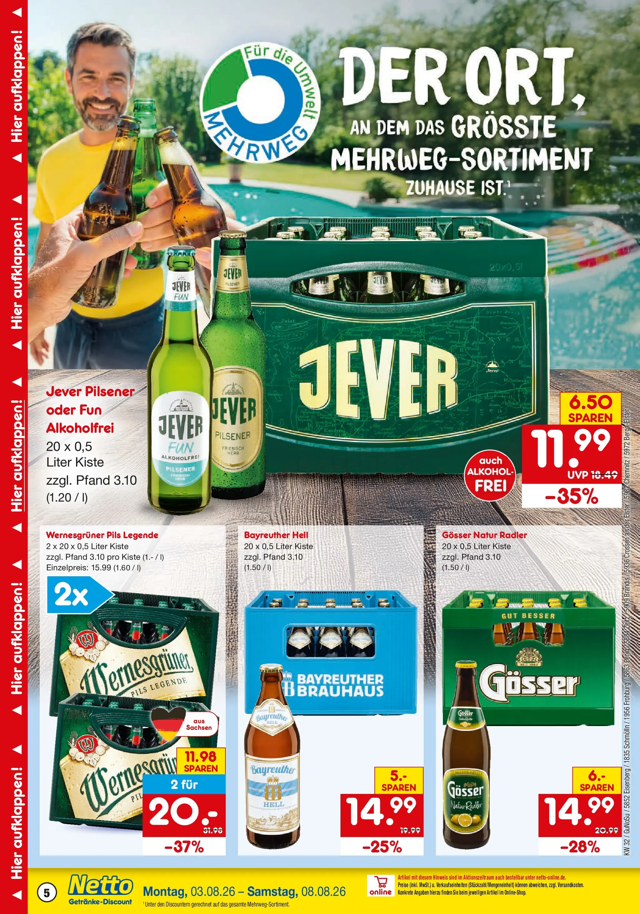 Netto Marken-Discount Prospekt Penig (ab 03.08.2026) » Angebote | Seite: 5 | Produkte: Bayreuther hell, Pils, Wernesgruner, Radler