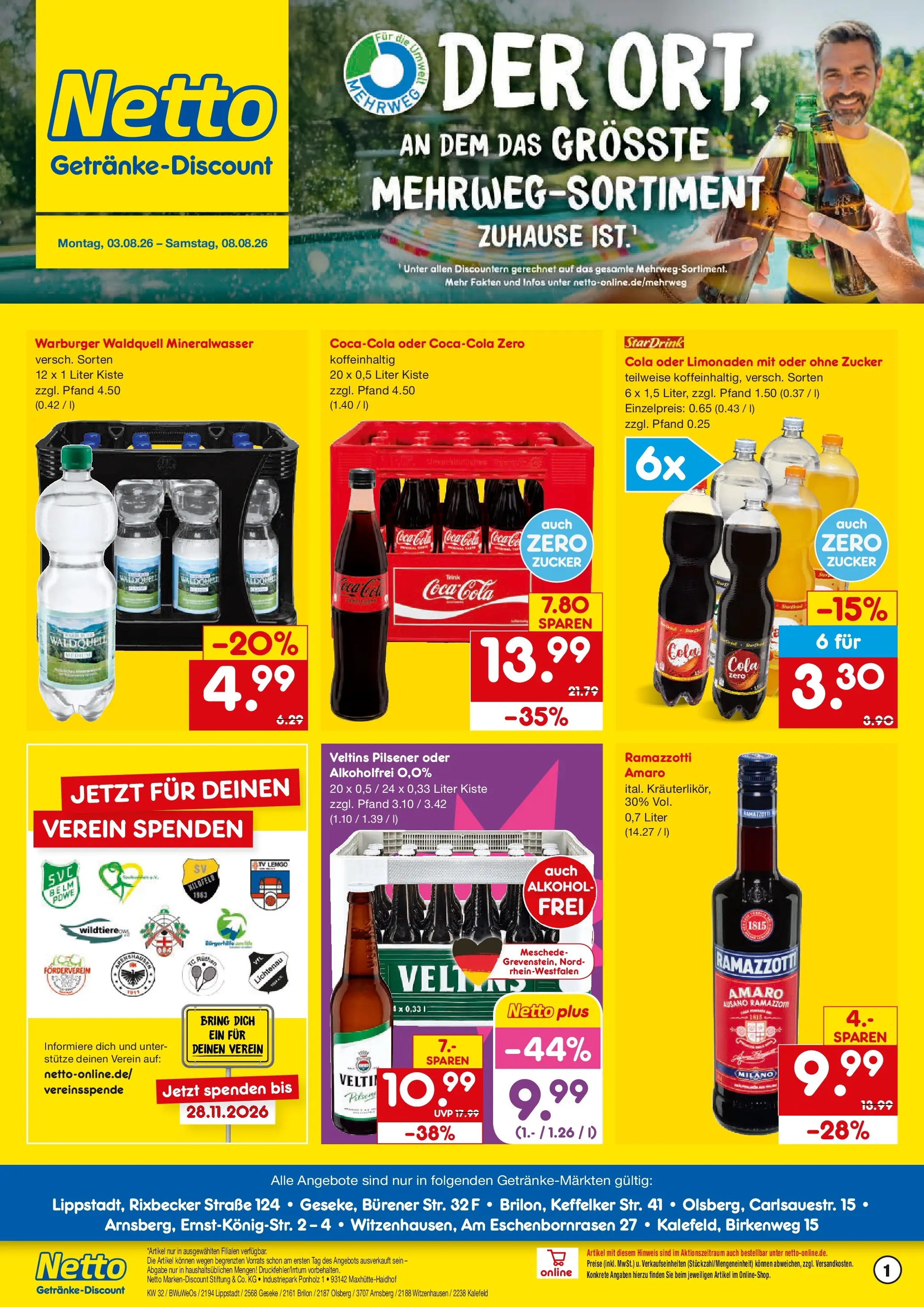 Netto Marken-Discount Prospekt Bielefeld-Jöllenbeck (ab 03.08.2026) » Angebote | Seite: 1 | Produkte: Coca cola, Cola, Zucker, Veltins
