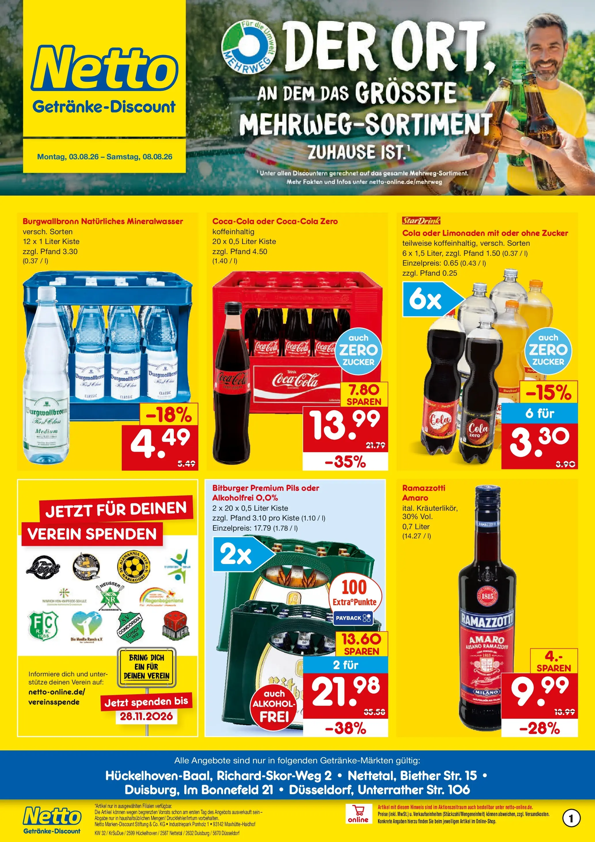 Netto Marken-Discount Prospekt Hückelhoven-Baal (ab 03.08.2026) » Angebote | Seite: 1 | Produkte: Bitburger, Cola, Mineralwasser, Zucker