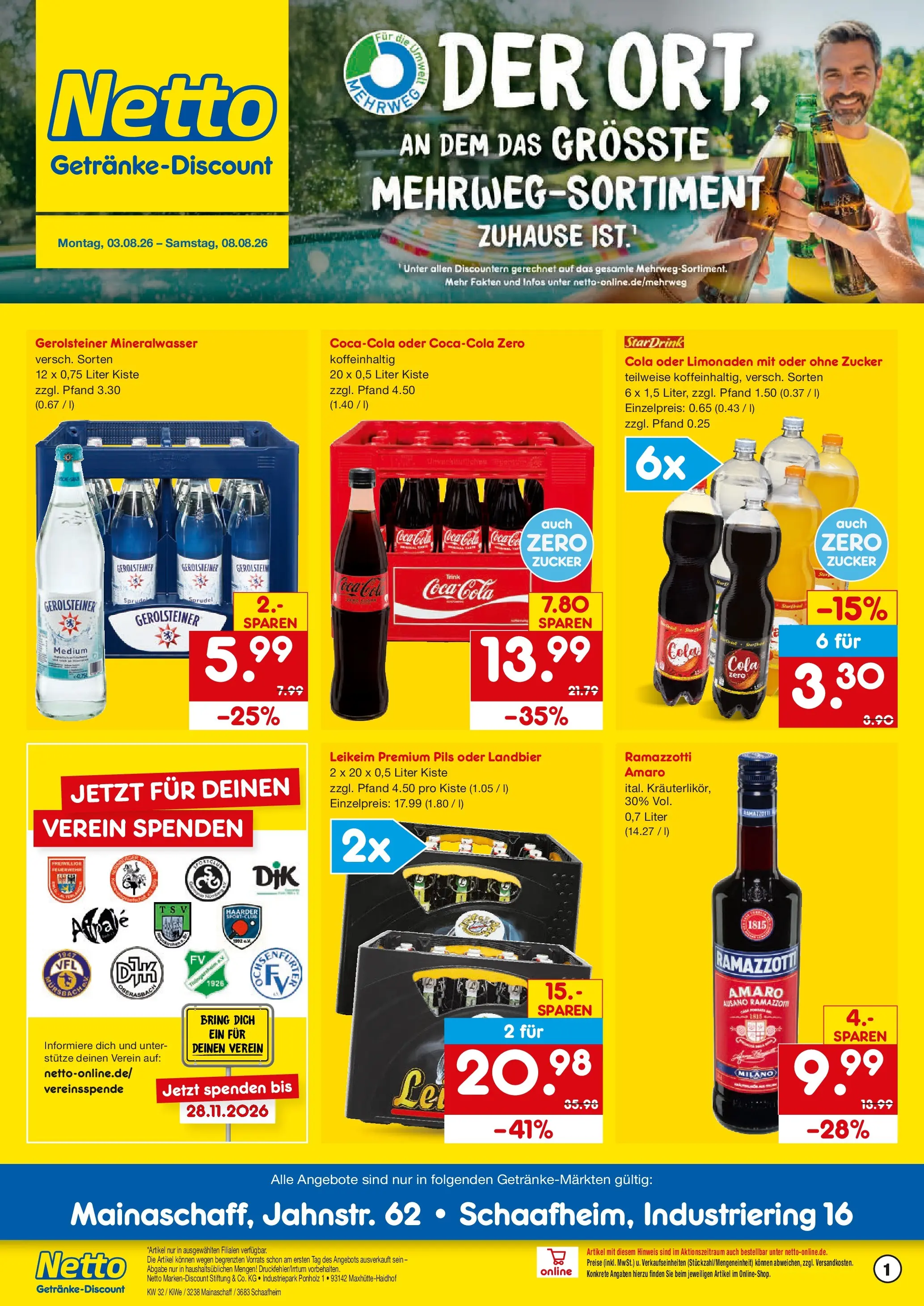 Netto Marken-Discount Prospekt Mainaschaff (ab 03.08.2026) » Angebote | Seite: 1 | Produkte: Coca cola, Cola, Pils, Ramazzotti