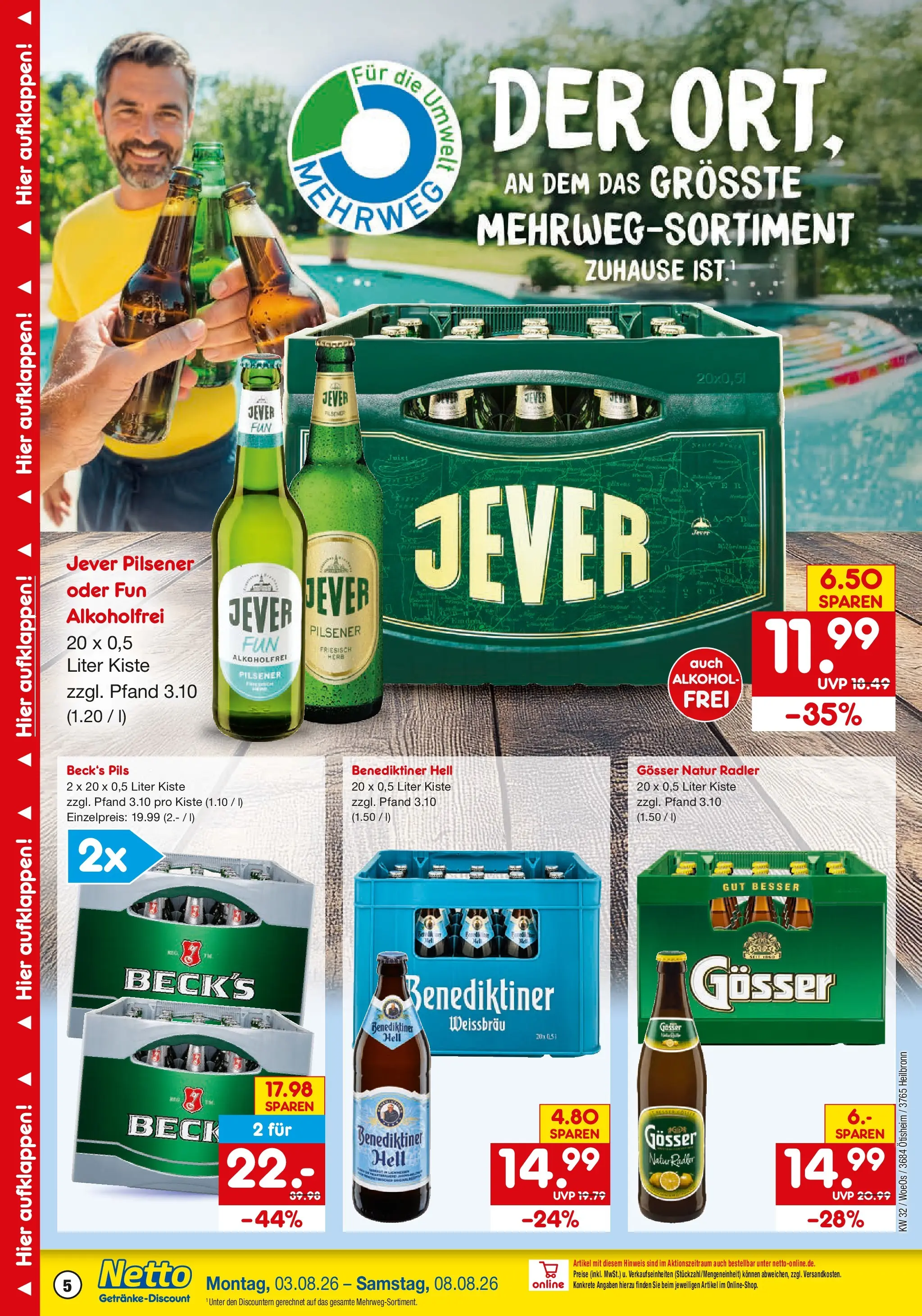 Netto Marken-Discount Prospekt Ötisheim (ab 03.08.2026) » Angebote | Seite: 5 | Produkte: Pils, Benediktiner hell, Radler, Jever