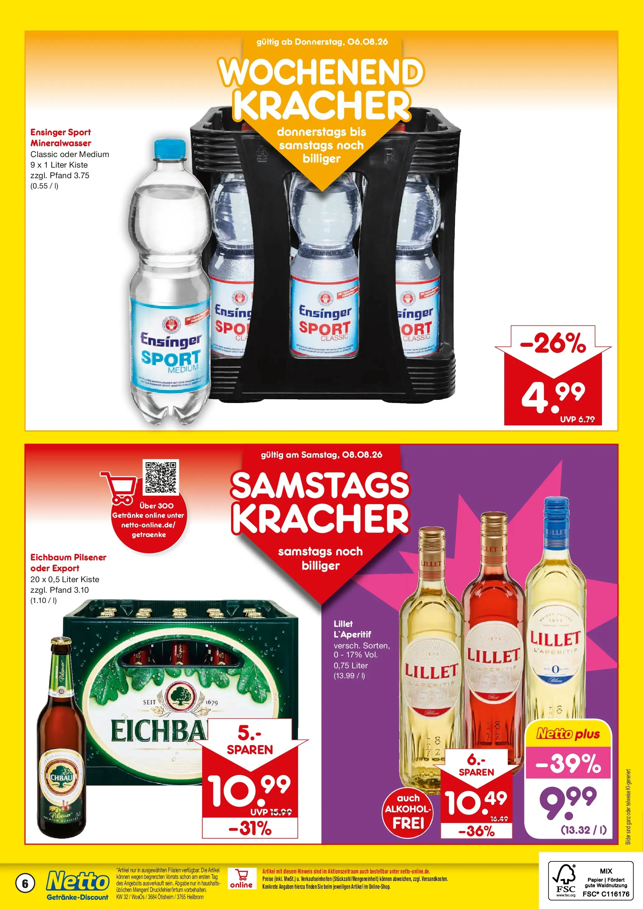 Netto Marken-Discount Prospekt Ötisheim (ab 03.08.2026) » Angebote | Seite: 6 | Produkte: Mineralwasser, Lillet, Bilder