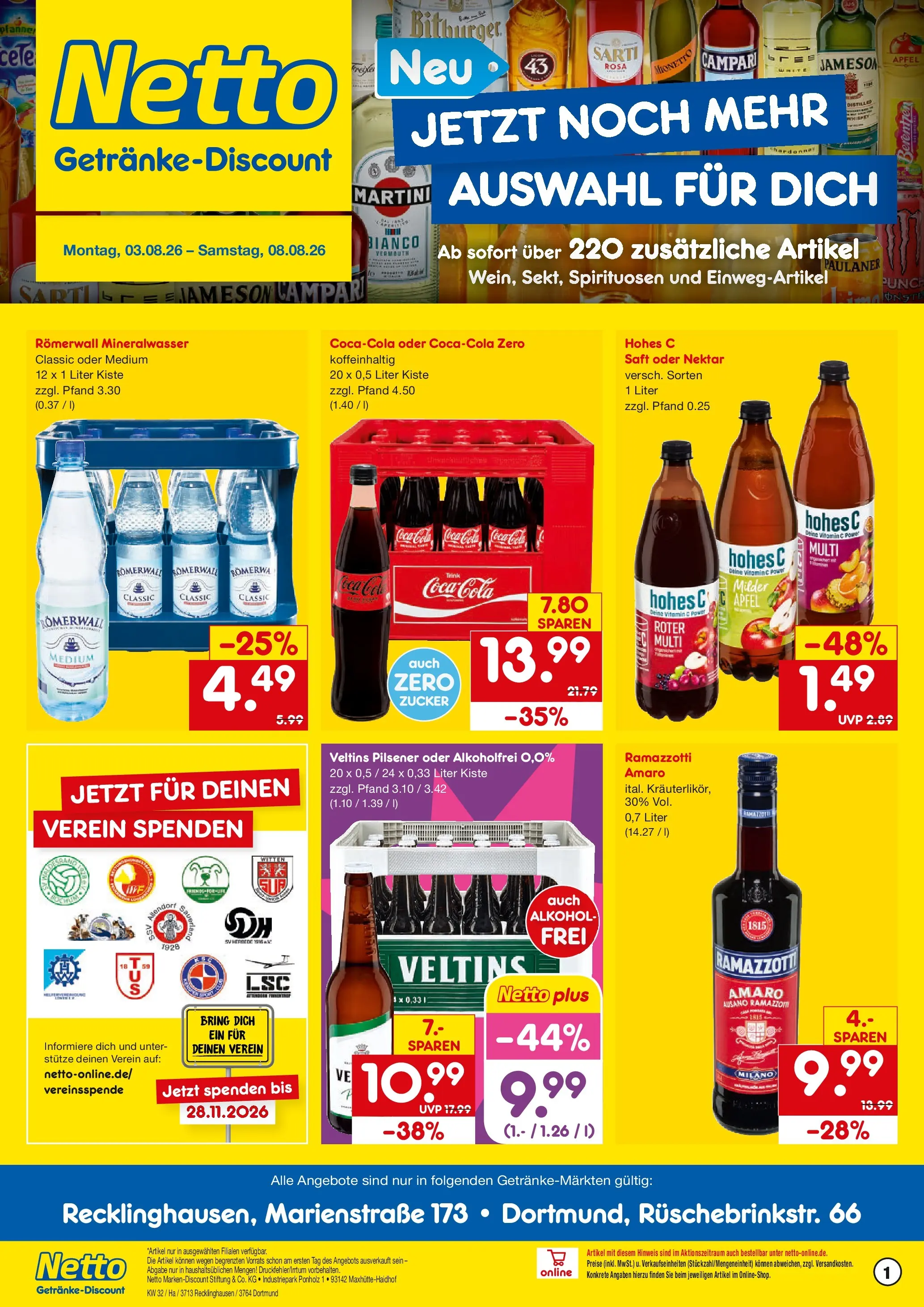Netto Marken-Discount Prospekt Recklinghausen (ab 03.08.2026) » Angebote | Seite: 1 | Produkte: Bitburger, Zucker, Hohes c, Veltins
