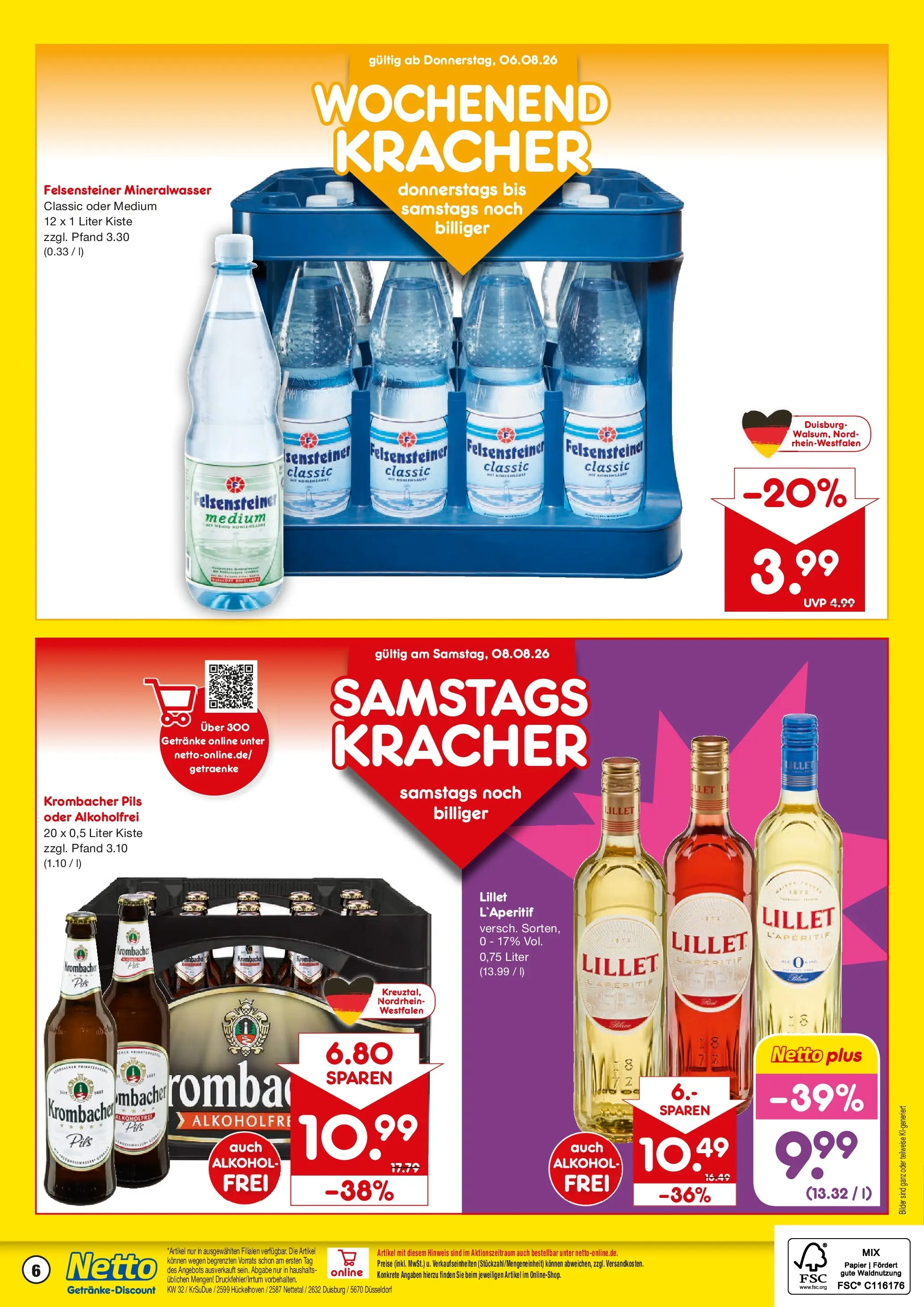 Netto Marken-Discount Prospekt Hückelhoven-Baal (ab 03.08.2026) » Angebote | Seite: 6 | Produkte: Mineralwasser, Lillet, Bilder, Krombacher