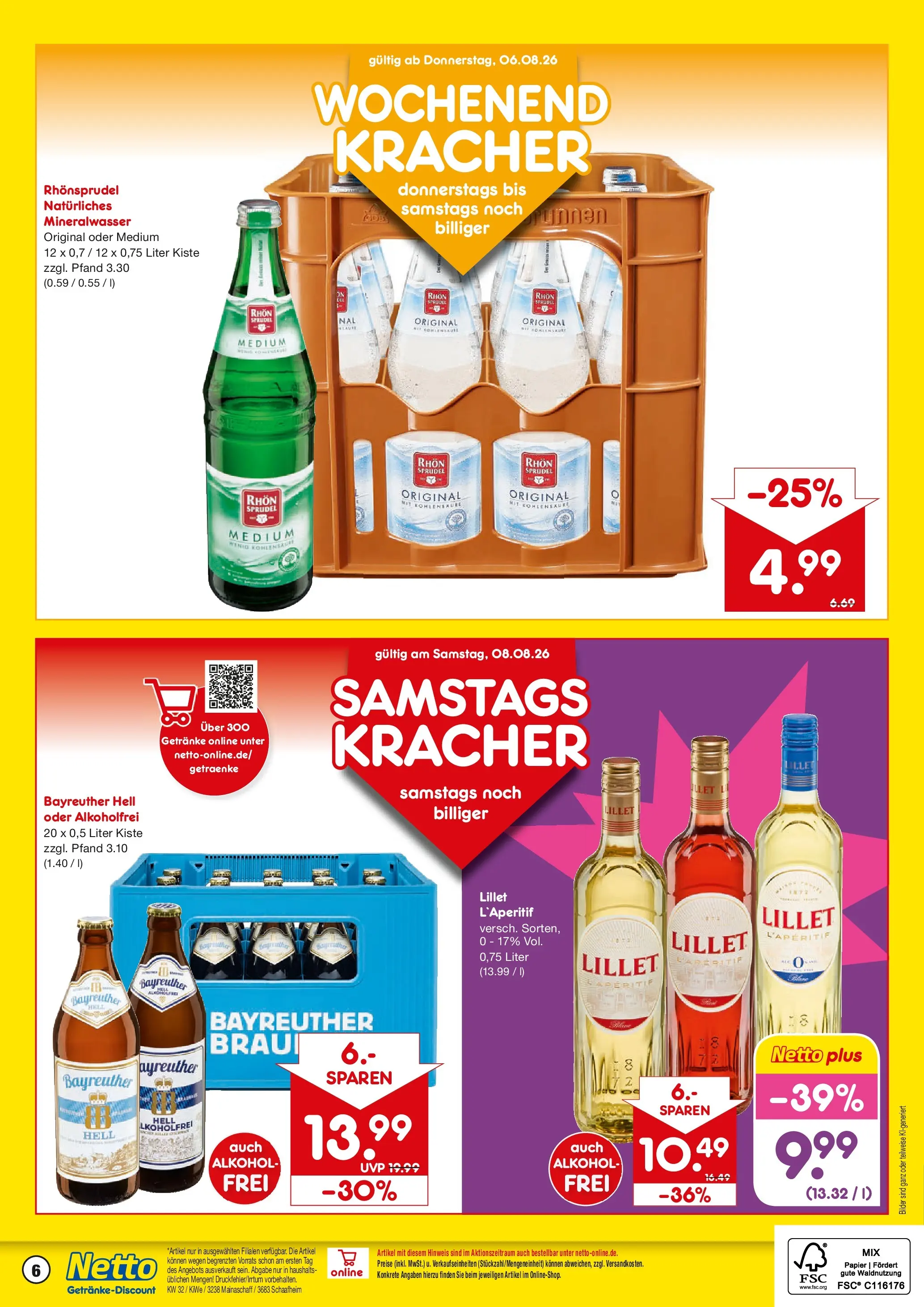Netto Marken-Discount Prospekt Mainaschaff (ab 03.08.2026) » Angebote | Seite: 6 | Produkte: Mineralwasser, Lillet, Bilder, Rhonsprudel