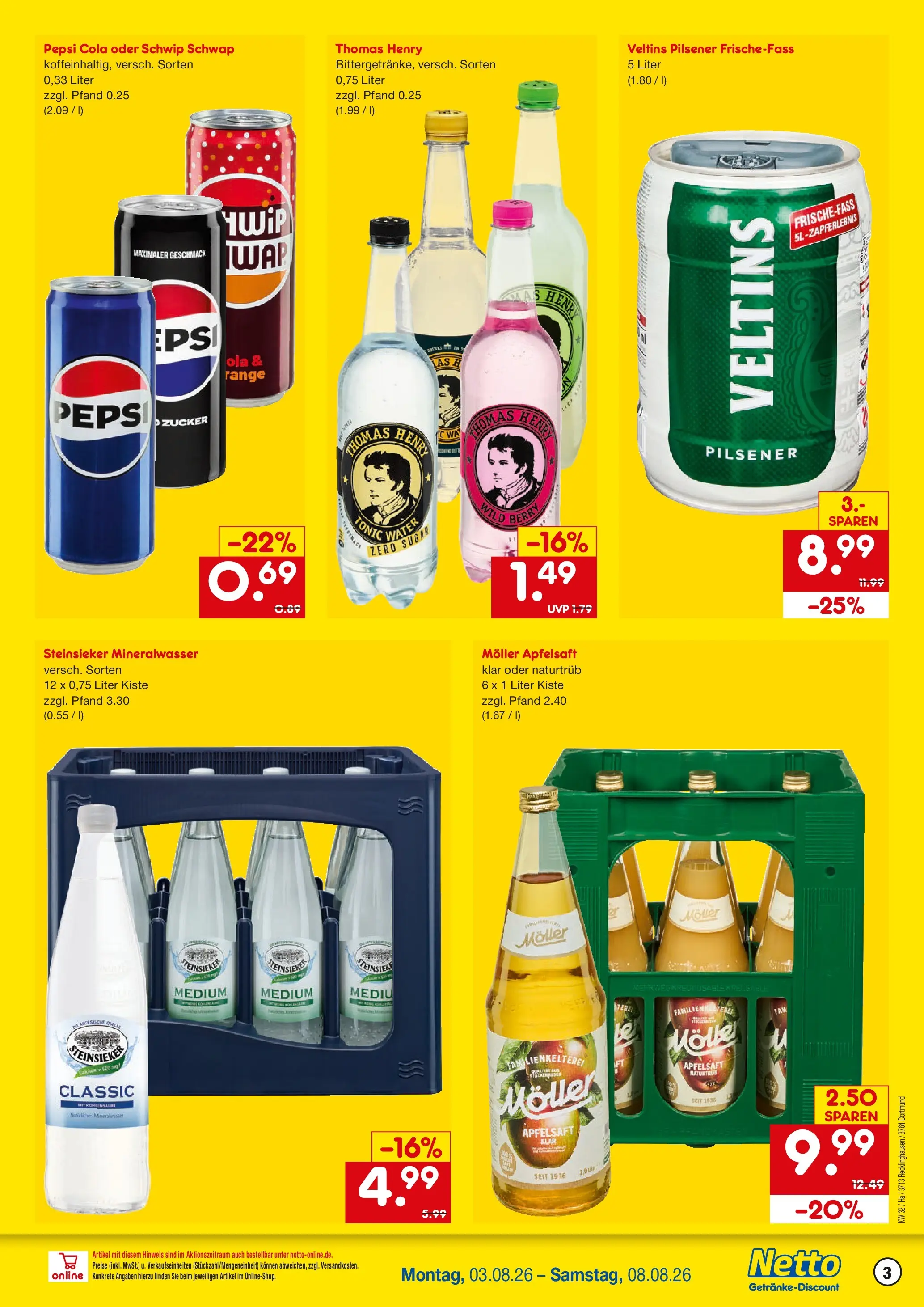 Netto Marken-Discount Prospekt Recklinghausen (ab 03.08.2026) » Angebote | Seite: 3 | Produkte: Cola, Schwip schwap, Zucker, Pepsi