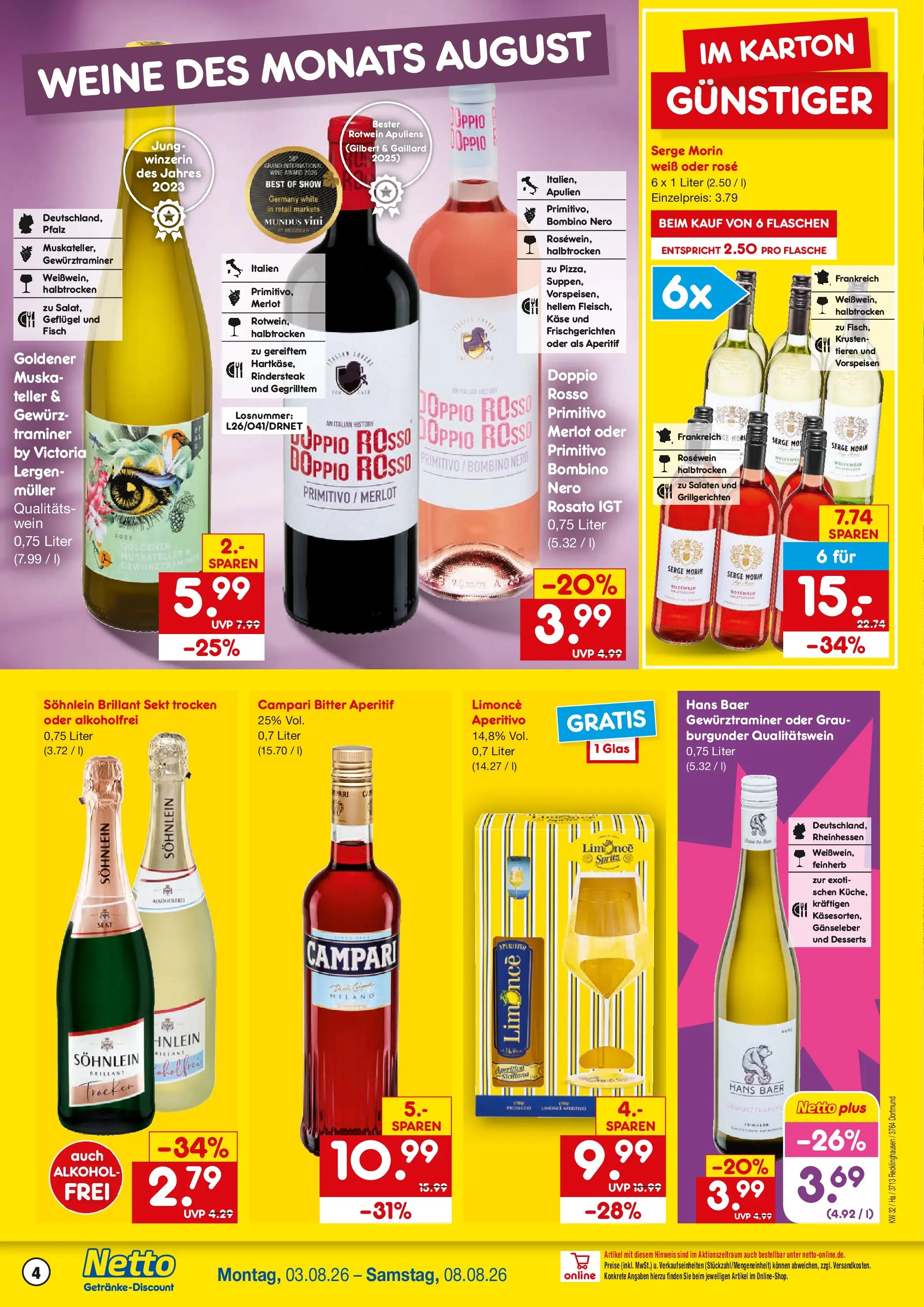 Netto Marken-Discount Prospekt Recklinghausen (ab 03.08.2026) » Angebote | Seite: 4 | Produkte: Käse, Sekt, Fisch, Wein