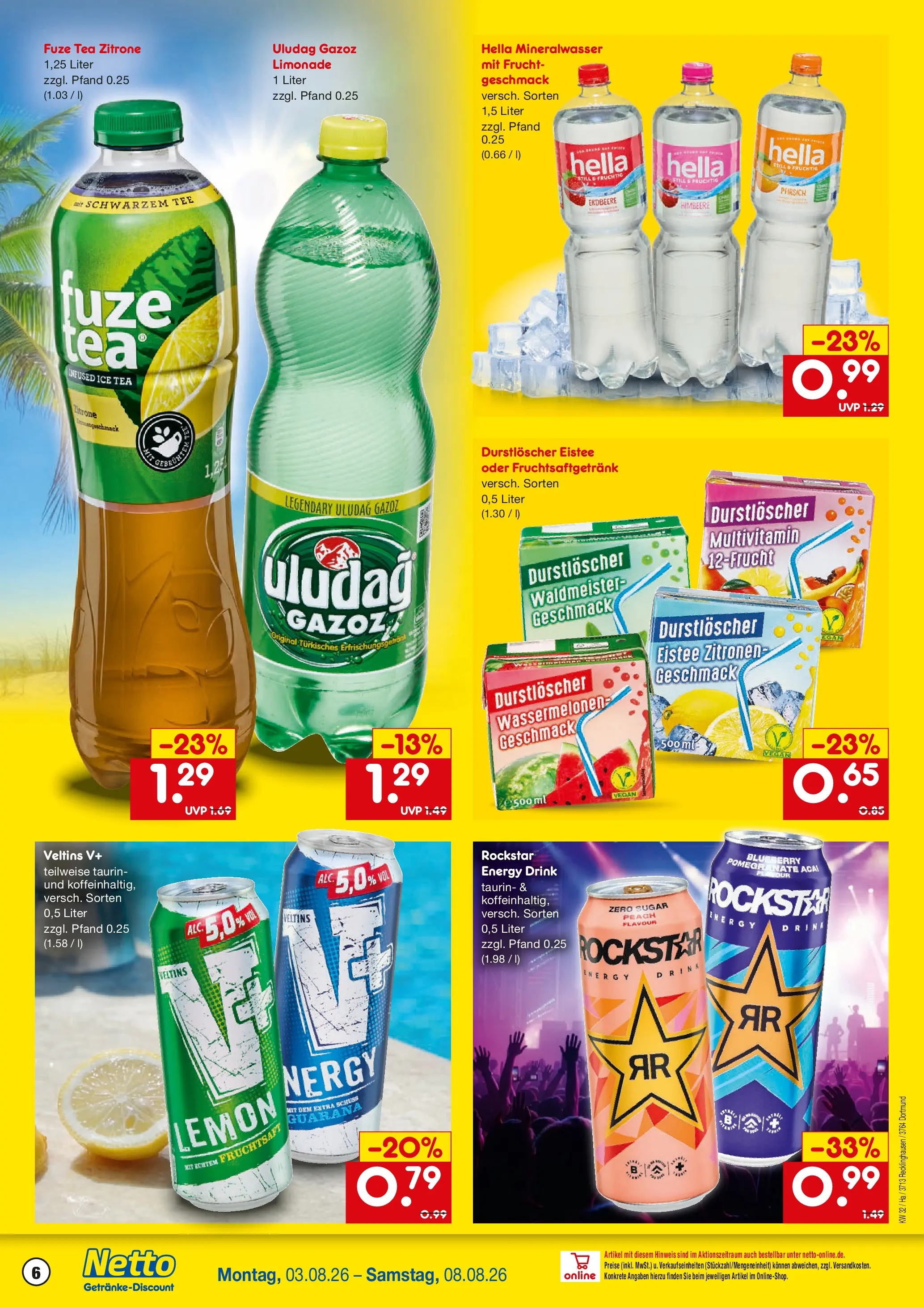 Netto Marken-Discount Prospekt Recklinghausen (ab 03.08.2026) » Angebote | Seite: 6 | Produkte: Durstloscher, Rockstar, Hella, Pfirsich