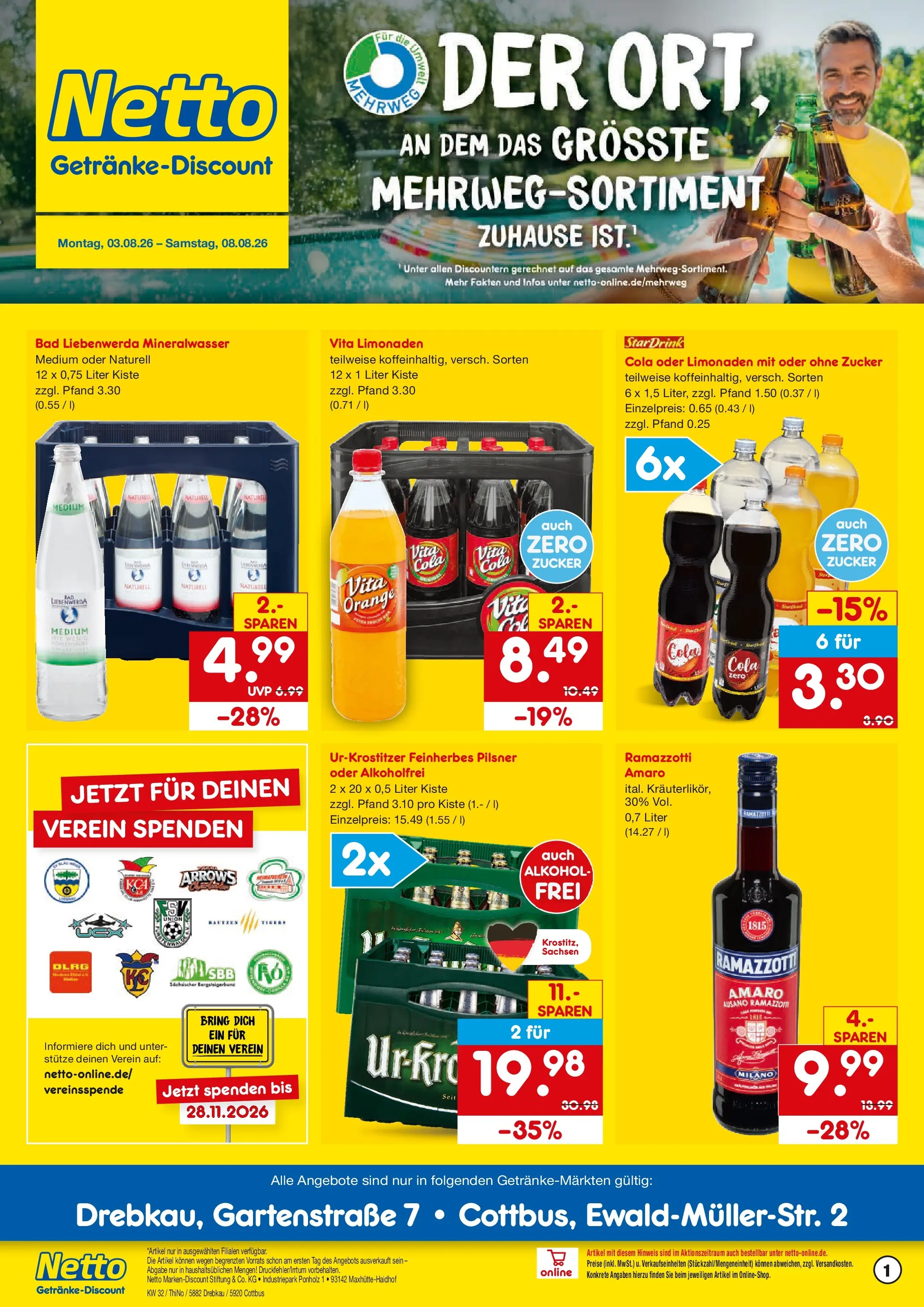 Netto Marken-Discount Prospekt Drebkau (ab 03.08.2026) » Angebote | Seite: 1 | Produkte: Cola, Mineralwasser, Zucker, Ramazzotti