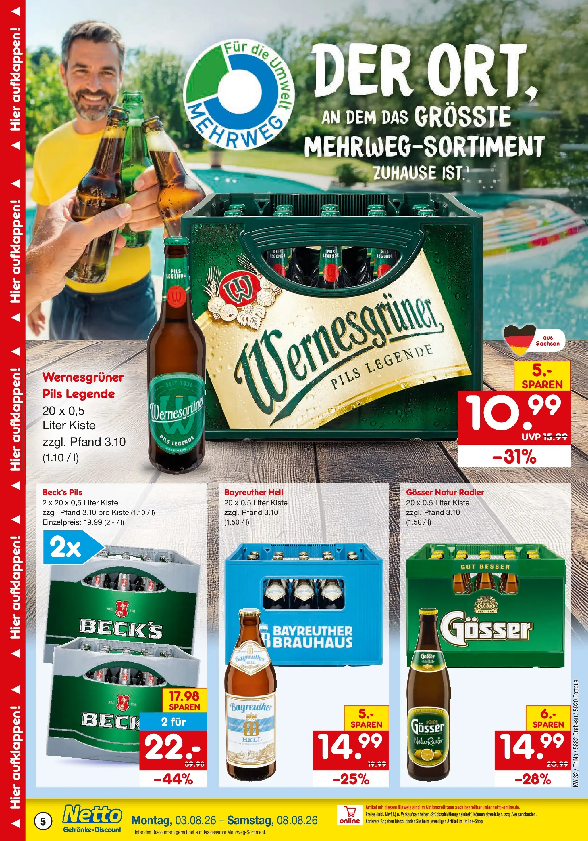 Netto Marken-Discount Prospekt Drebkau (ab 03.08.2026) » Angebote | Seite: 5 | Produkte: Bayreuther hell, Pils, Wernesgruner, Radler
