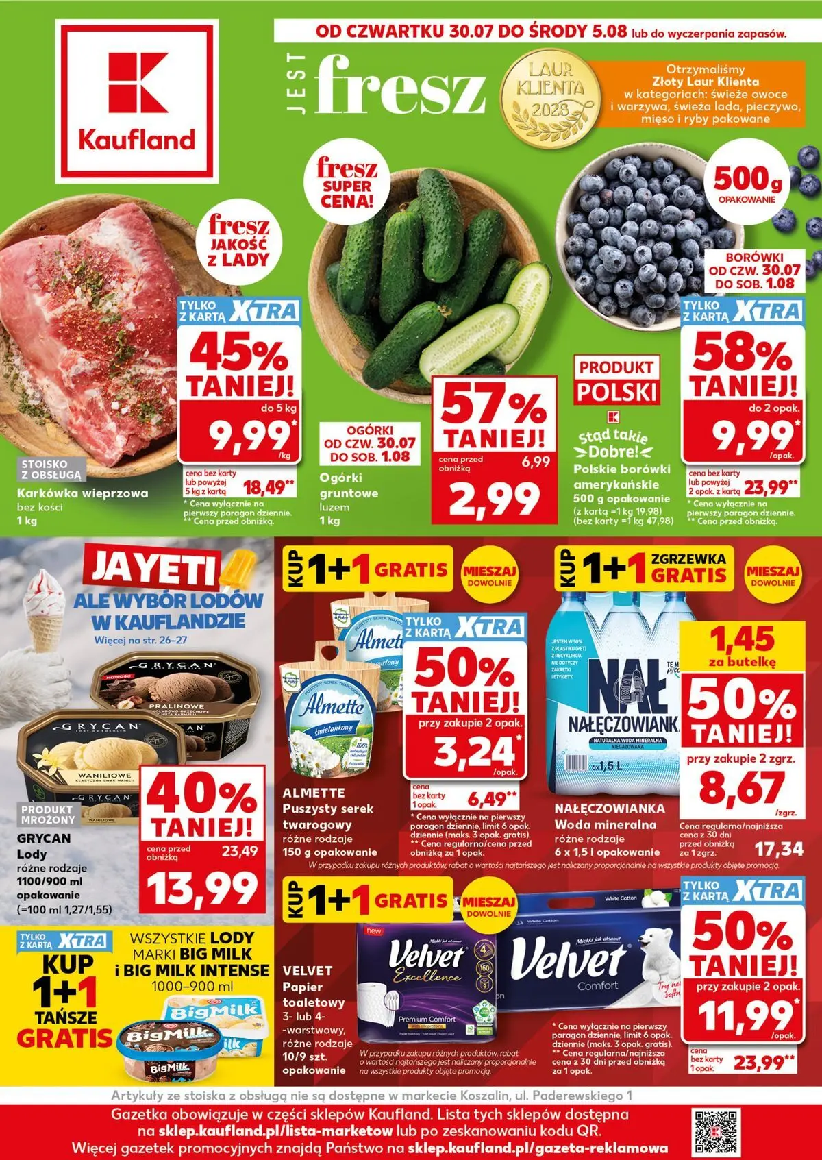 Kaufland gazetka od 30.07.2026 - od jutra PDF | Strona: 1 | Produkty: Karkówka wieprzowa, Lody Grycan, Big Milk, Ogórki