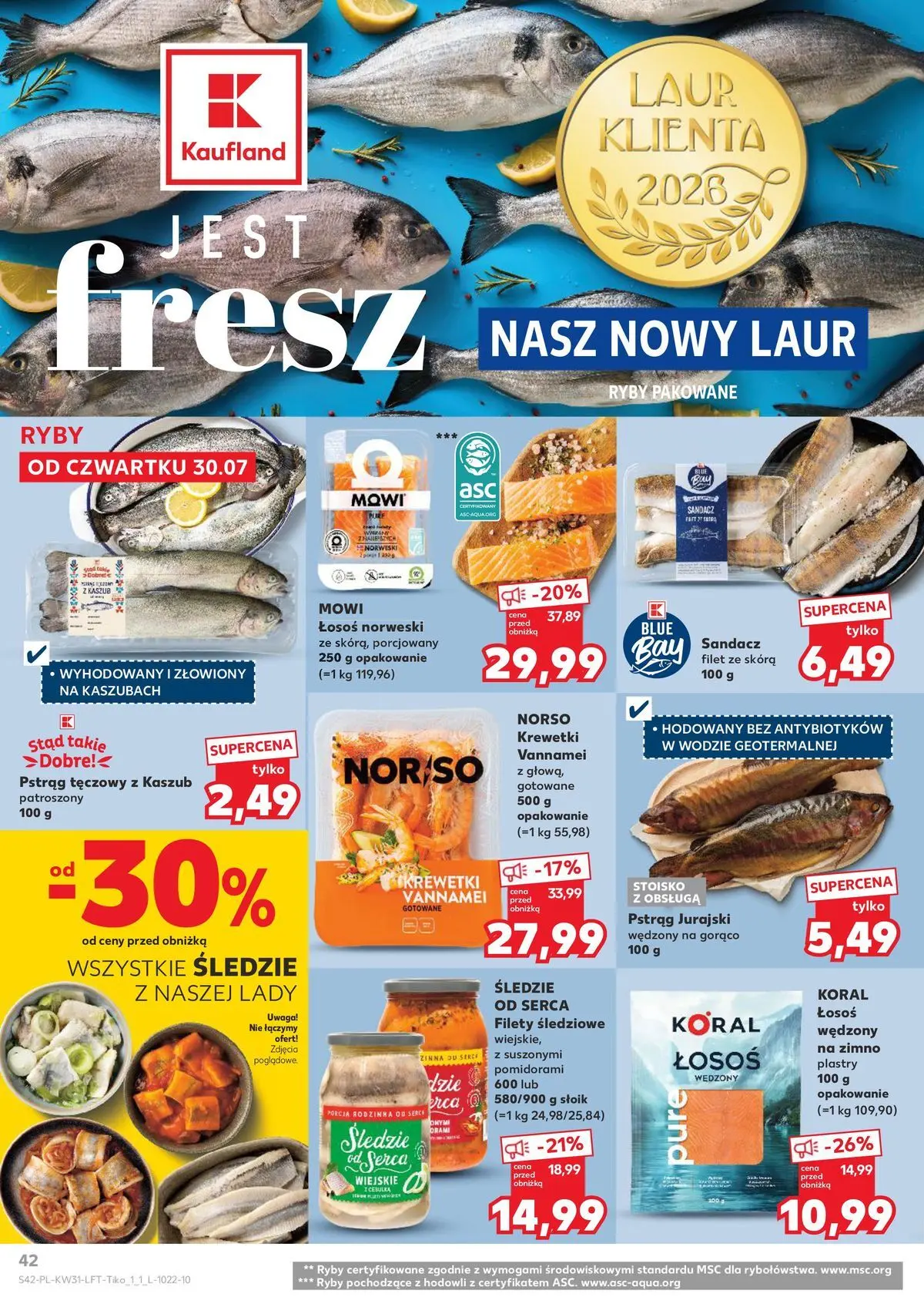 Kaufland gazetka od 30.07.2026 - od jutra PDF | Strona: 42 | Produkty: Łosoś wędzony, Krewetki, Sandacz, Ryby