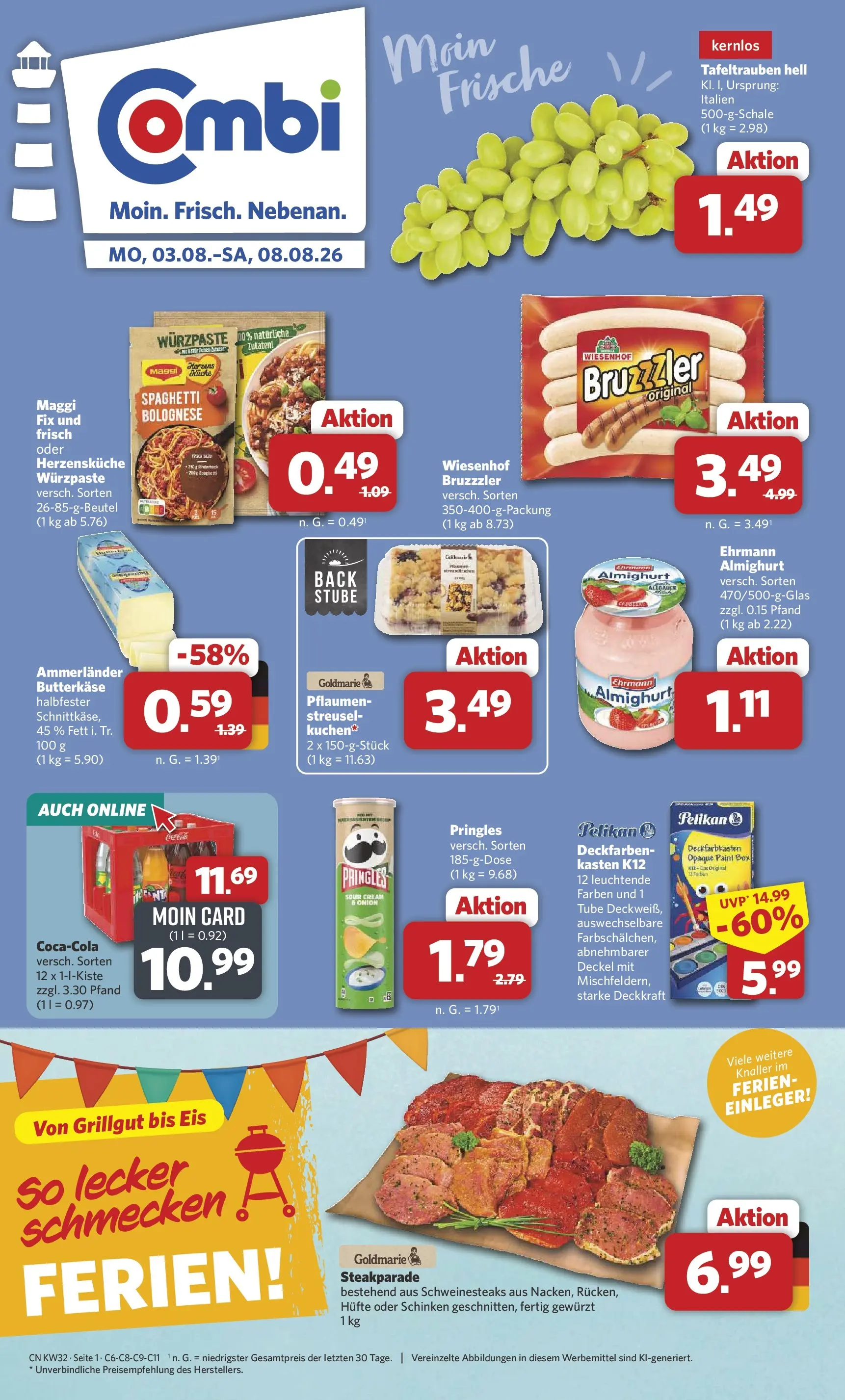 Combi Prospekt Detmold (ab 03.08.2026) zum Blättern | Seite: 1 | Produkte: Pflaumen, Schinken, Pringles, Eis