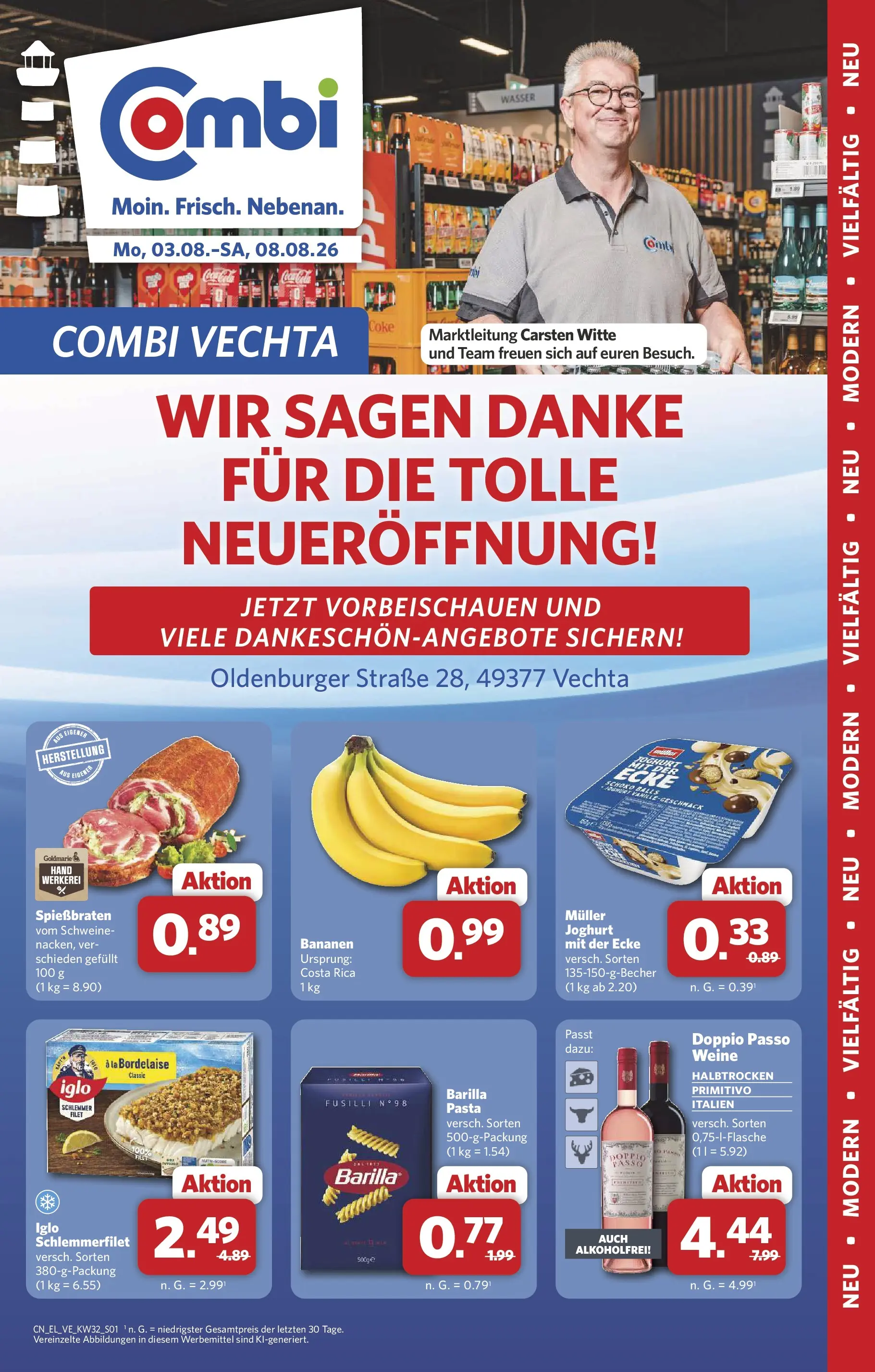 Combi Prospekt Vechta (ab 03.08.2026) zum Blättern | Seite: 1 | Produkte: Joghurt, Bananen, Wasser, Pasta