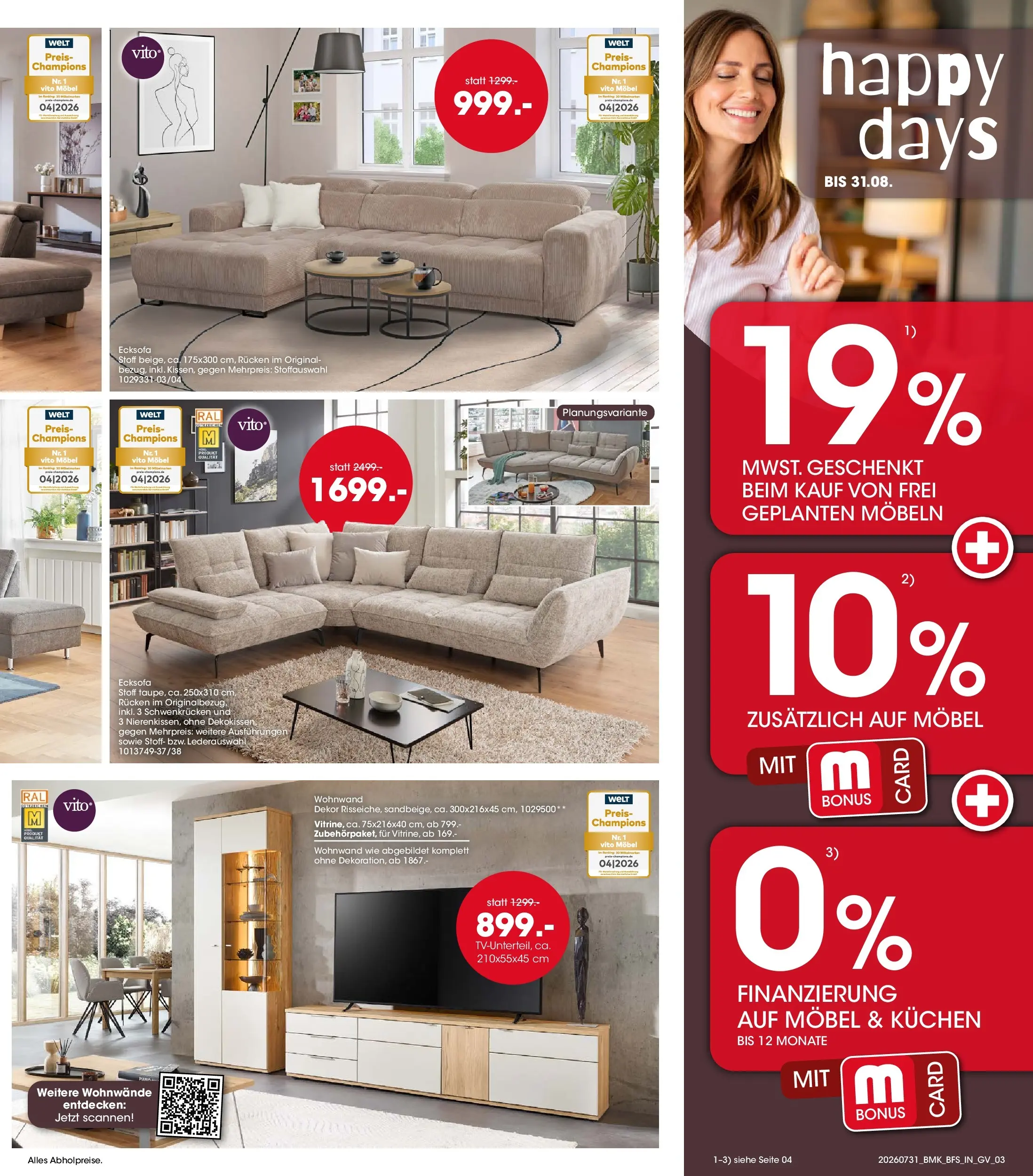 Möbel Martin Happy Days (ab 31.07.2026) zum Blättern | Seite: 3 | Produkte: Ecksofa, Wohnwand, Kuchen