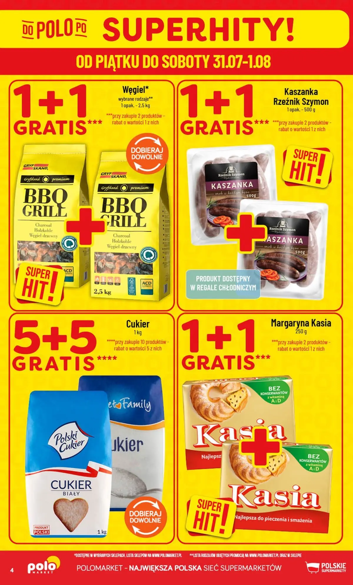 Nowa POLOmarket gazetka od jutra 29.07.2026 | Strona: 4 | Produkty: Margaryna kasia, Grill, Kaszanka, Margaryna
