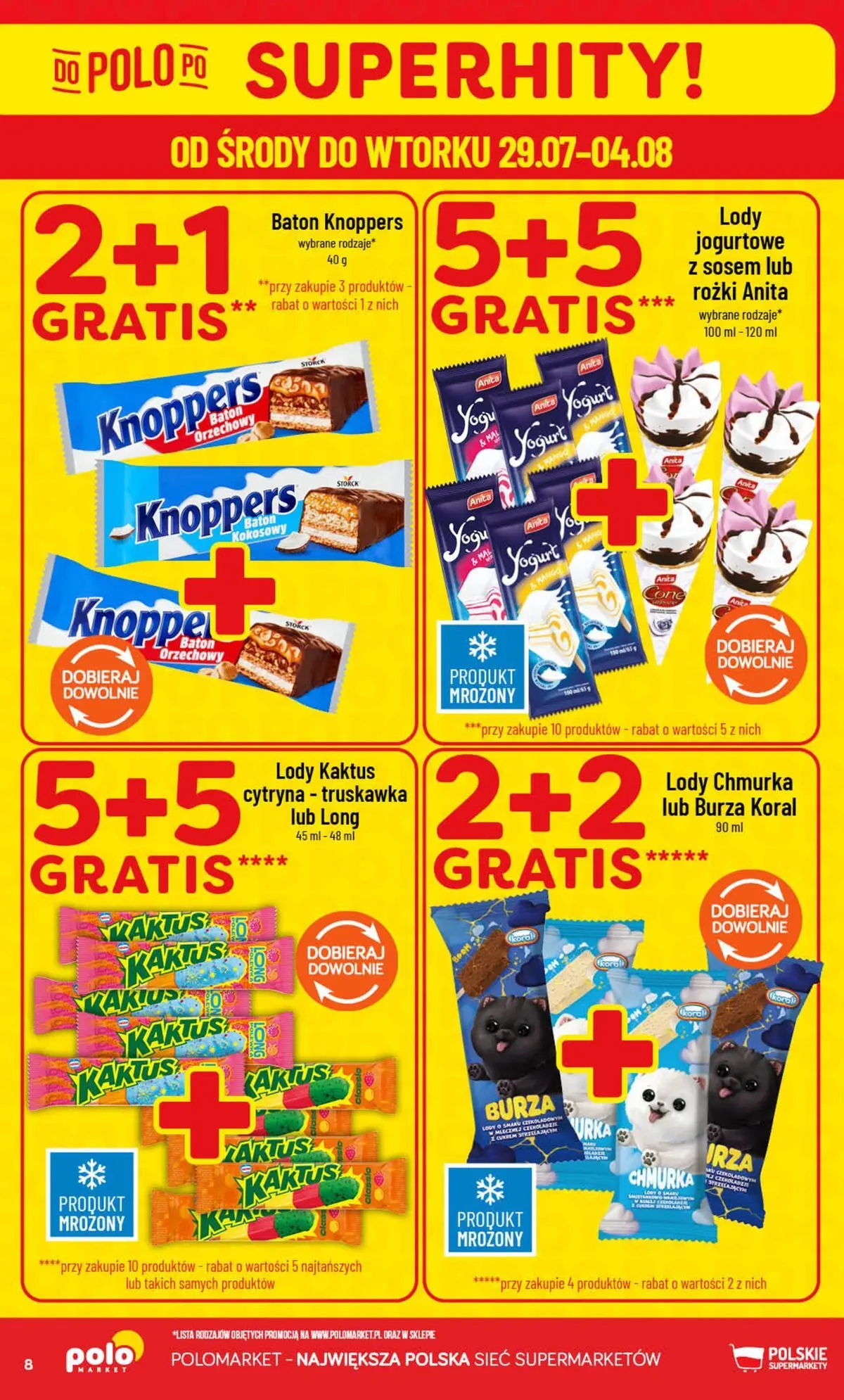 Nowa POLOmarket gazetka od jutra 29.07.2026 | Strona: 8 | Produkty: Baton, Jogurt, Lody Kaktus, Lody