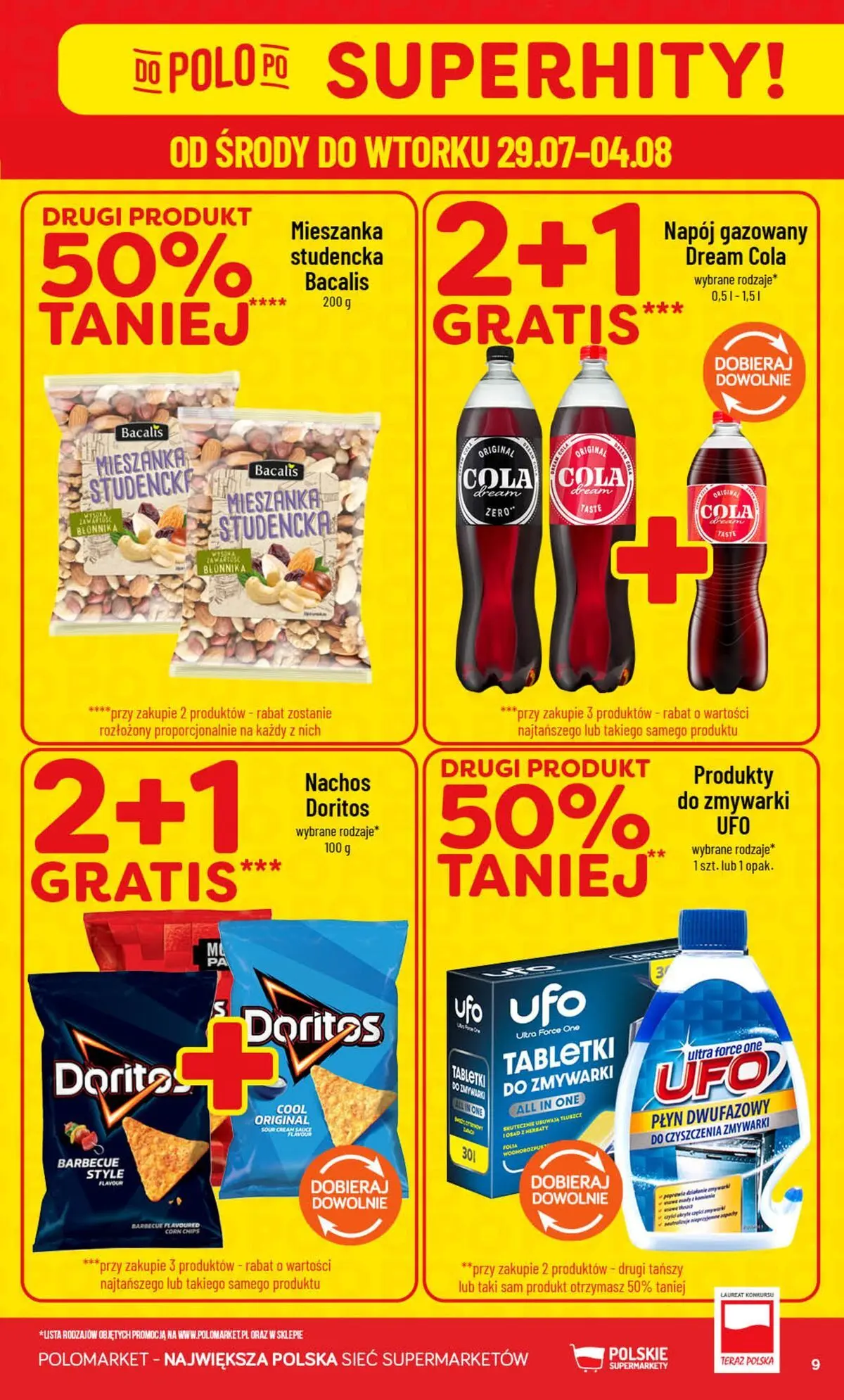 Nowa POLOmarket gazetka od jutra 29.07.2026 | Strona: 9 | Produkty: Nachos, Doritos, Tabletki do zmywarki
