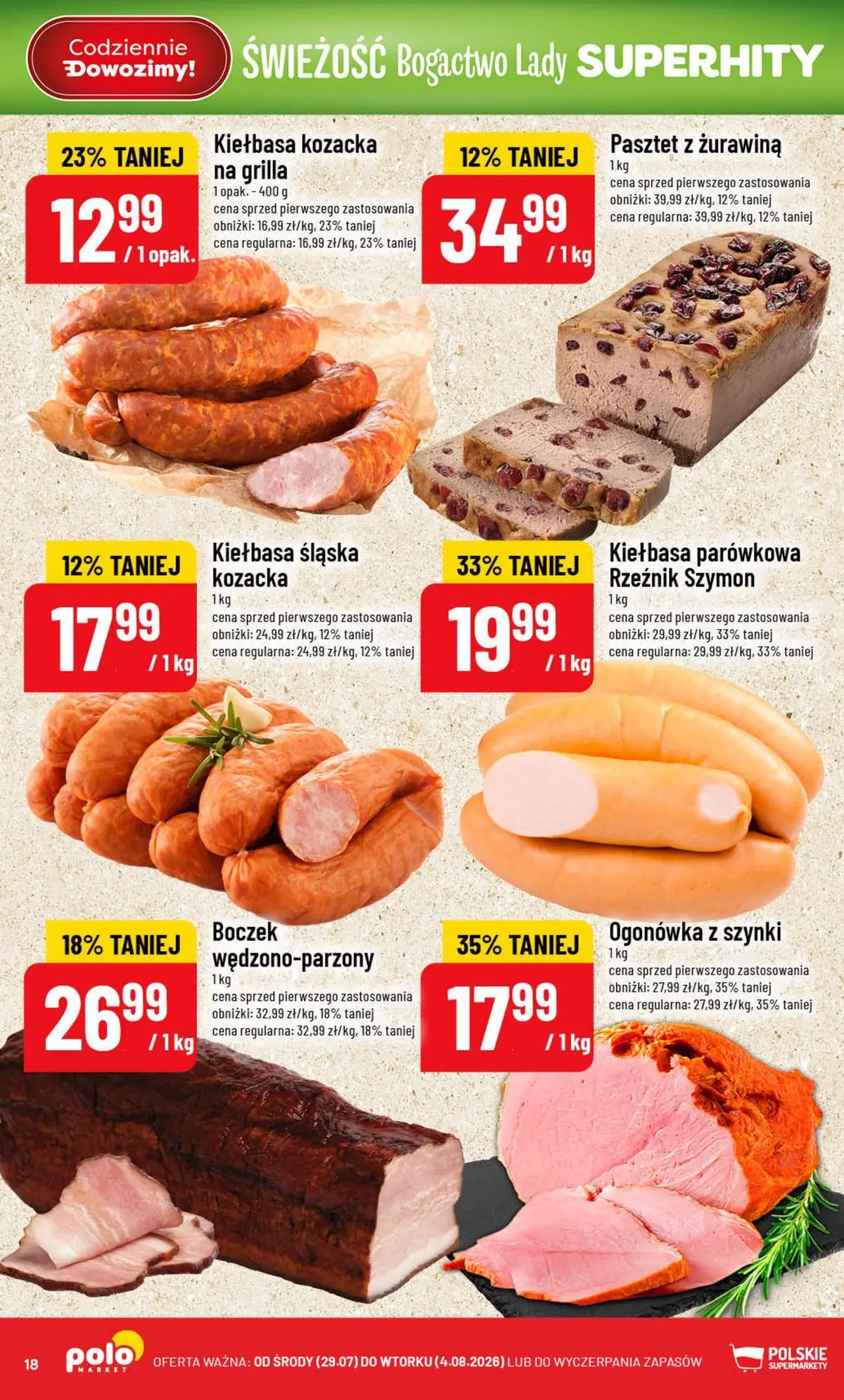 Nowa POLOmarket gazetka od jutra 29.07.2026 | Strona: 18 | Produkty: Kiełbasa, Kiełbasa śląska, Boczek, Żurawina