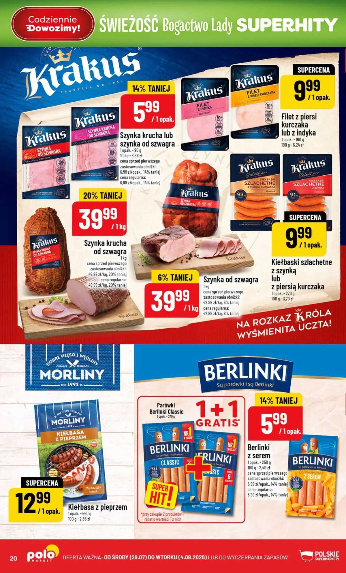 Nowa POLOmarket gazetka od jutra 29.07.2026 | Strona: 20 | Produkty: Kiełbasa, Parówki berlinki, Parówki, Filet z piersi kurczaka