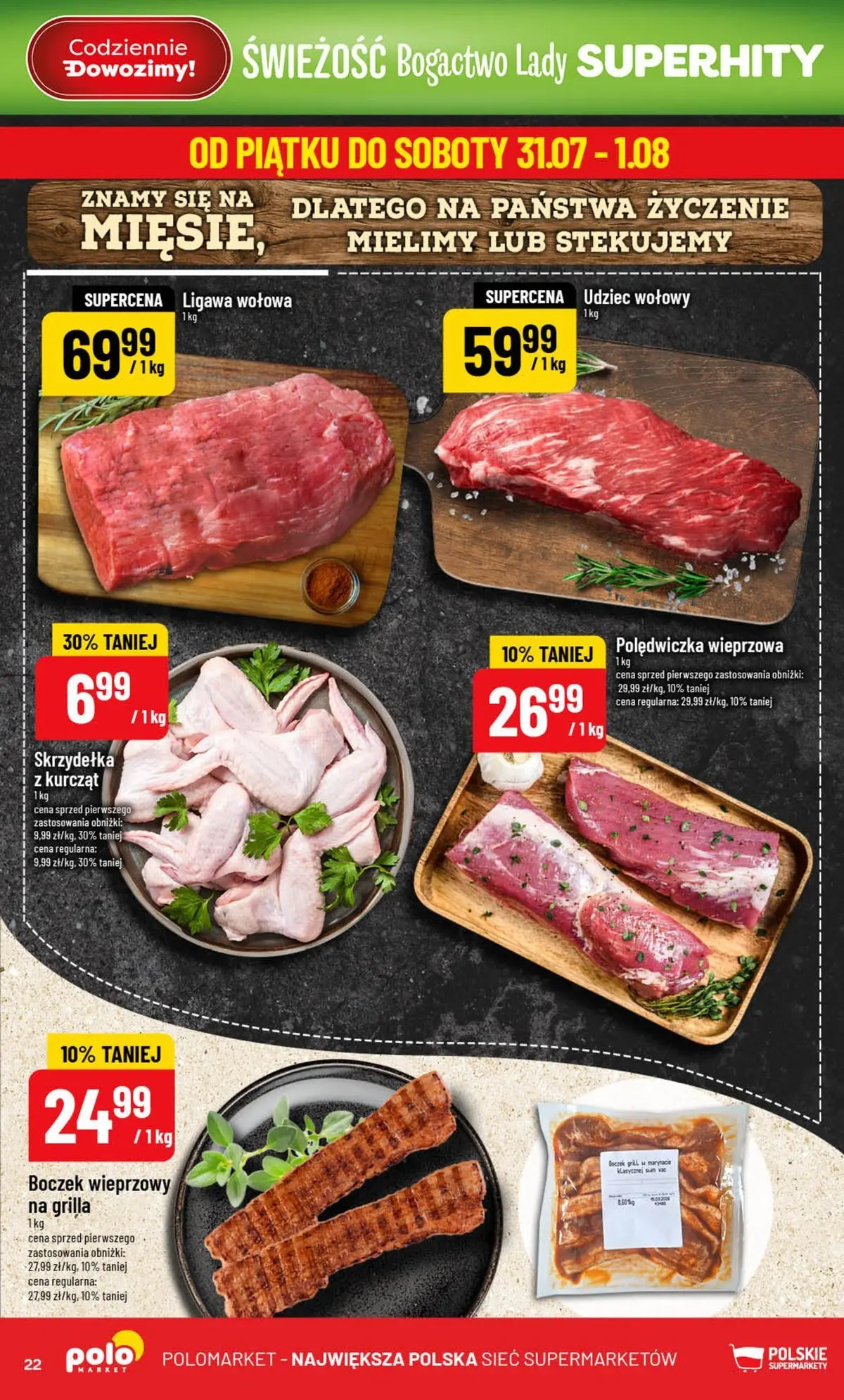 Nowa POLOmarket gazetka od jutra 29.07.2026 | Strona: 22 | Produkty: Boczek wieprzowy, Polędwiczka wieprzowa, Boczek