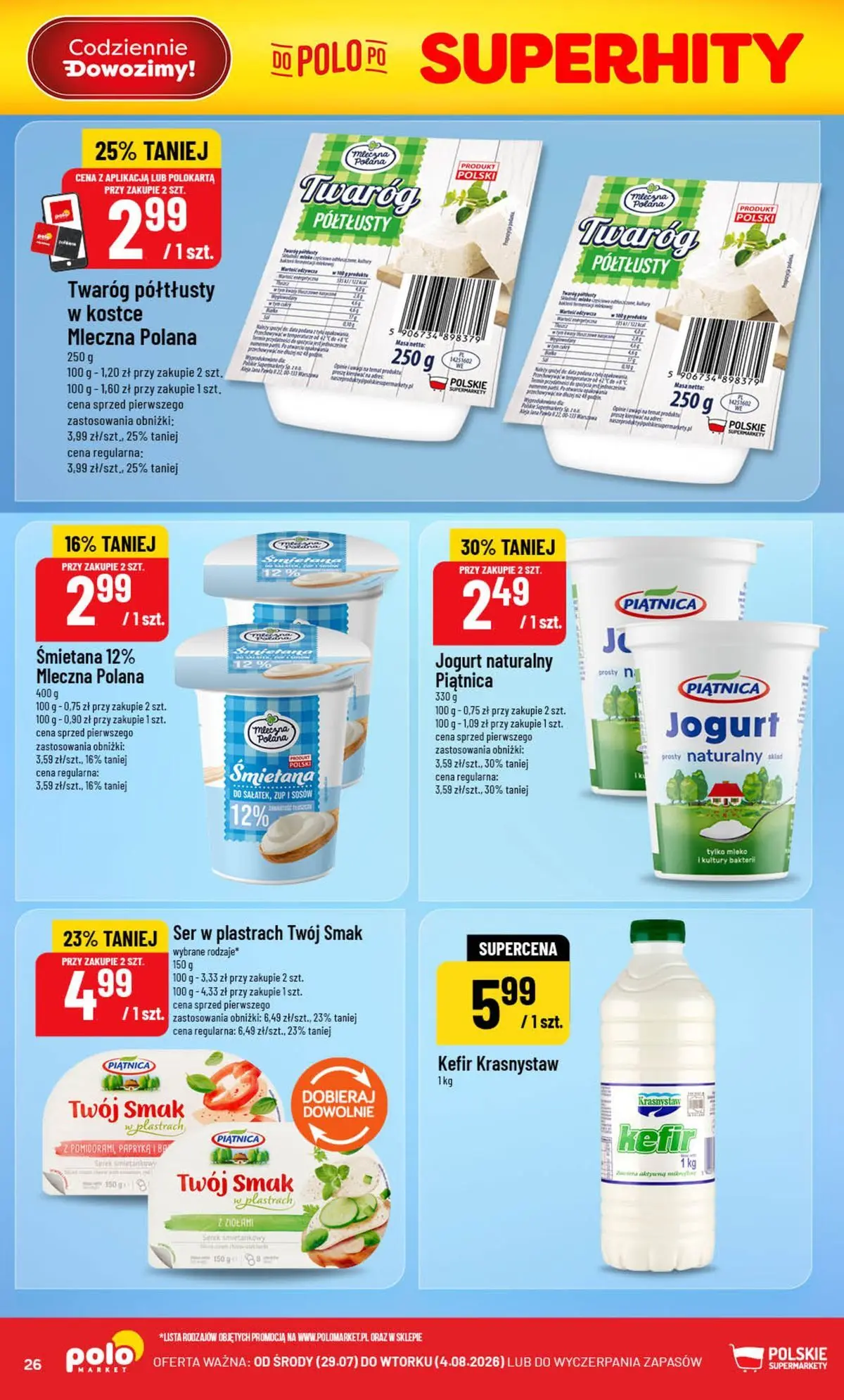 Nowa POLOmarket gazetka od jutra 29.07.2026 | Strona: 26 | Produkty: Jogurt naturalny, Mleko, Ser, Jogurt