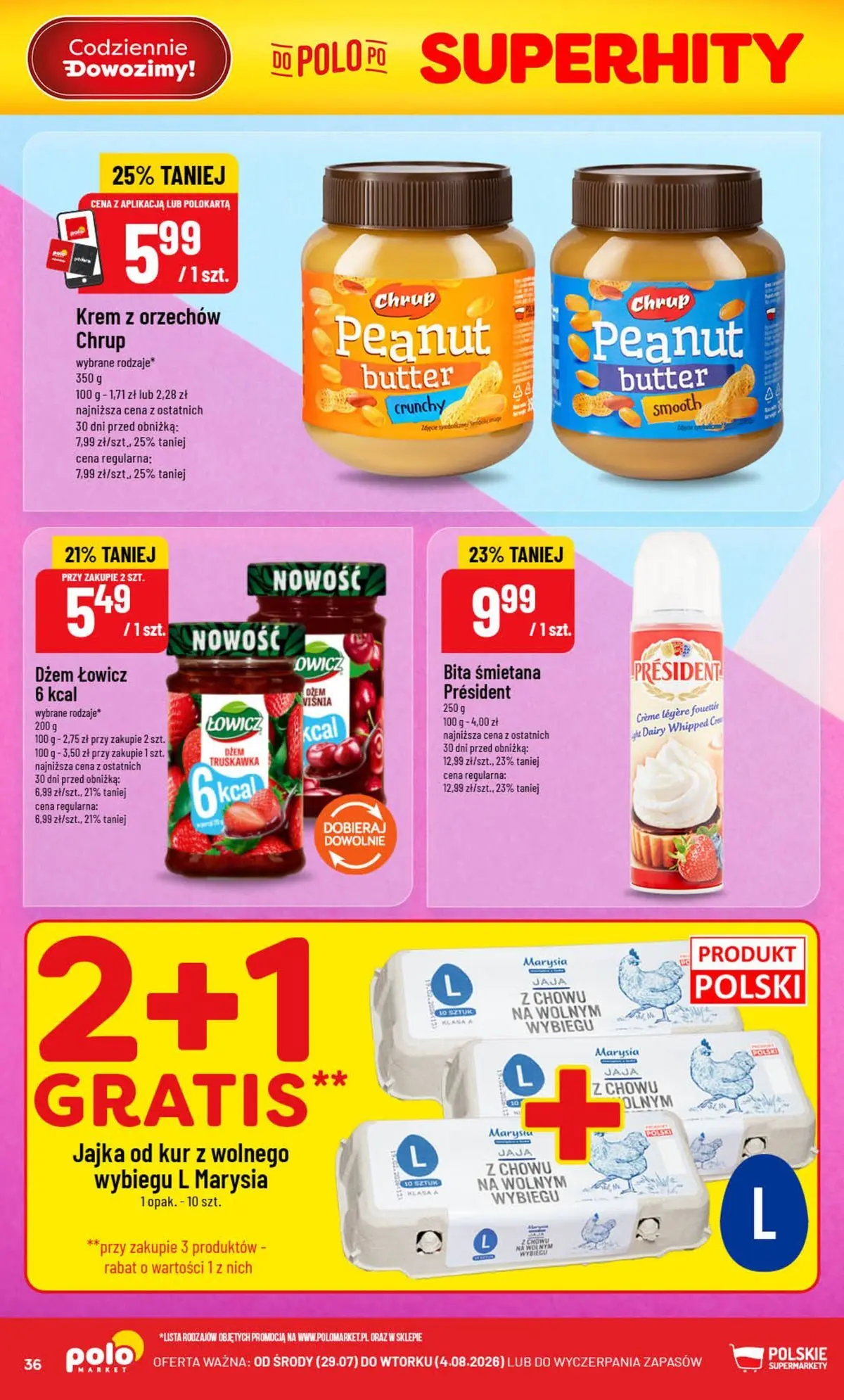 Nowa POLOmarket gazetka od jutra 29.07.2026 | Strona: 36 | Produkty: Dżem, Jajka, Śmietana, Krem