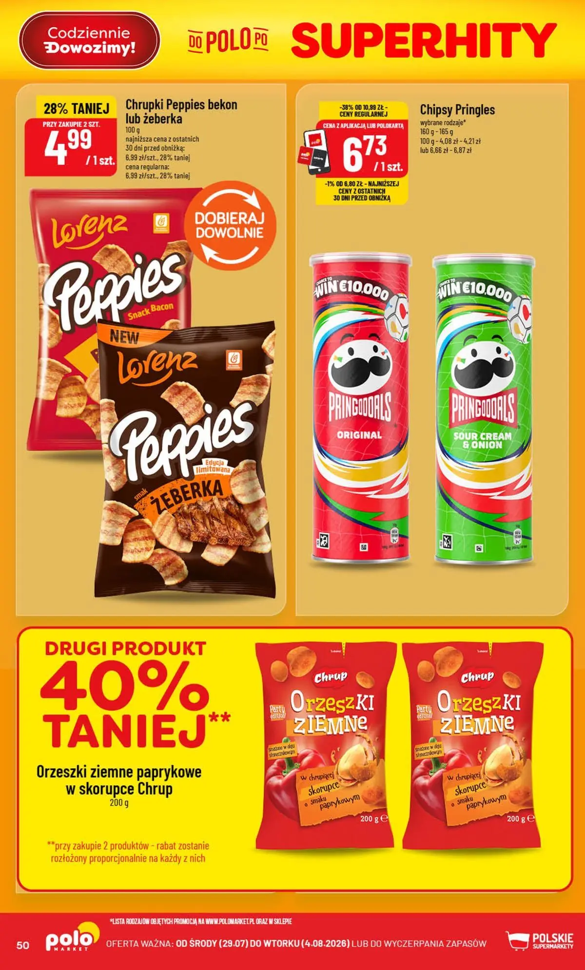 Nowa POLOmarket gazetka od jutra 29.07.2026 | Strona: 50 | Produkty: Bekon, Chipsy pringles, Orzeszki ziemne, Pringles