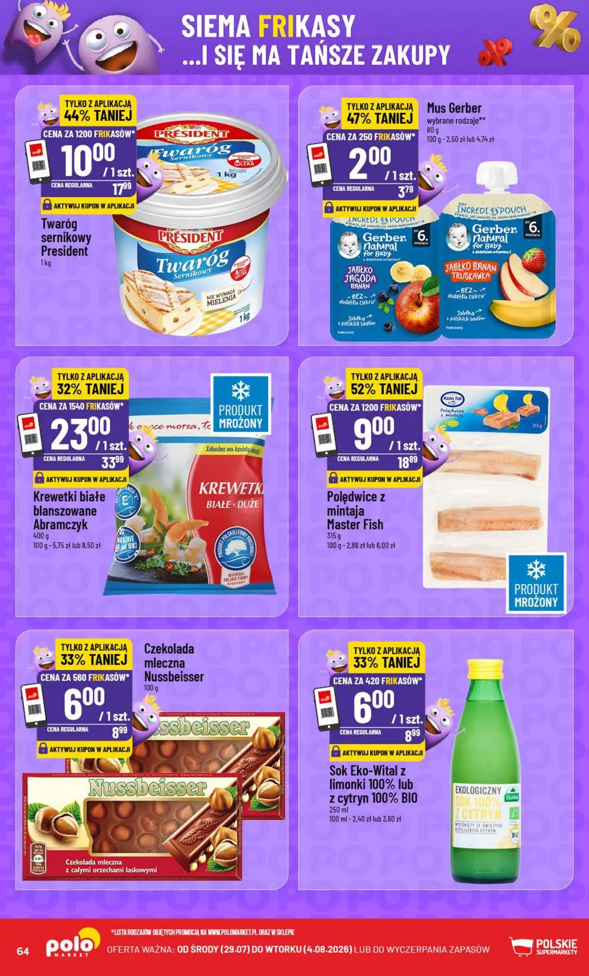 Nowa POLOmarket gazetka od jutra 29.07.2026 | Strona: 64 | Produkty: Krewetki białe, Czekolada, Banan, Twaróg