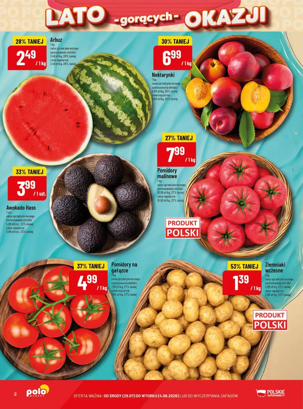 Nowa POLOmarket gazetka od jutra 29.07.2026 | Strona: 2 | Produkty: Arbuz, Pomidory malinowe, Pomidory, Ziemniaki
