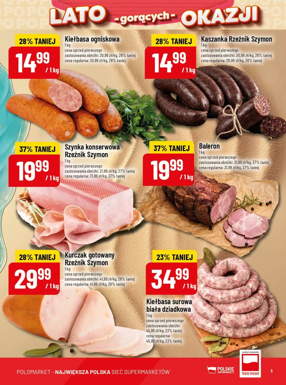 Nowa POLOmarket gazetka od jutra 29.07.2026 | Strona: 3 | Produkty: Kiełbasa, Kurczak, Kaszanka, Szynka