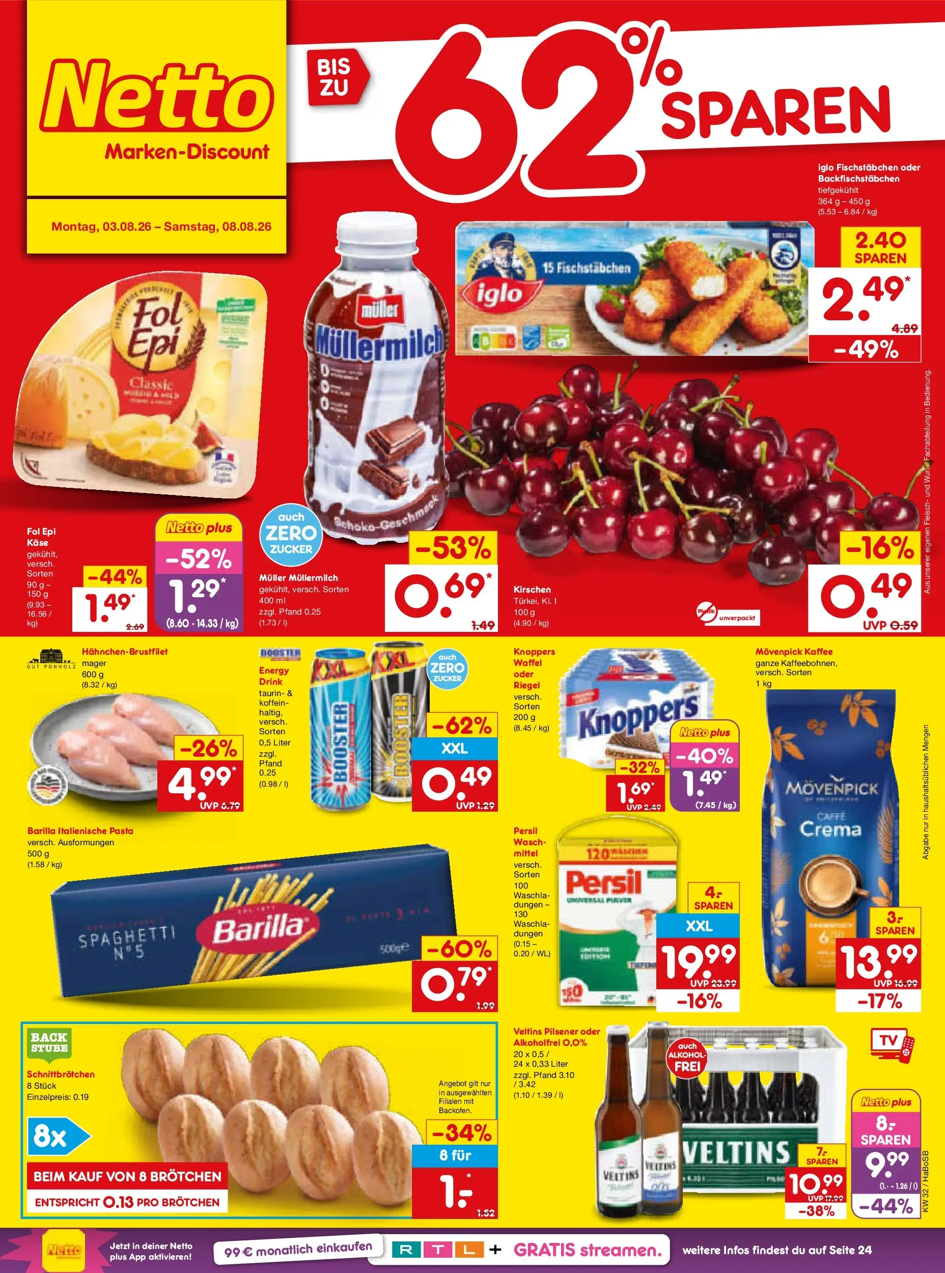 Netto Marken-Discount Prospekt Bochum (ab 03.08.2026) » Angebote | Seite: 1 | Produkte: Energy, Fischstabchen, Zucker, Muller mullermilch
