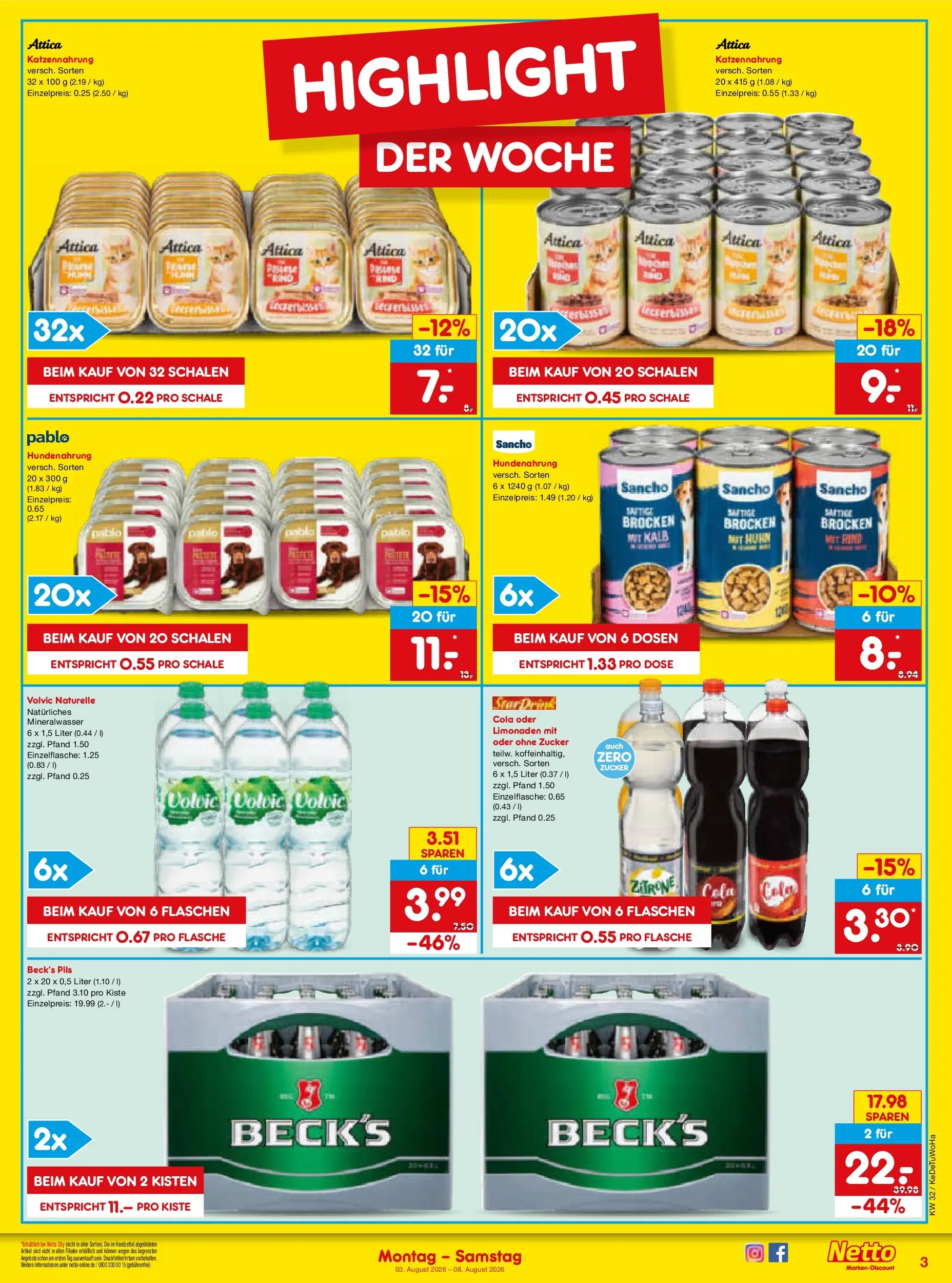 Netto Marken-Discount Prospekt Stuttgart (ab 03.08.2026) » Angebote | Seite: 3 | Produkte: Cola, Pils, Zucker, Volvic