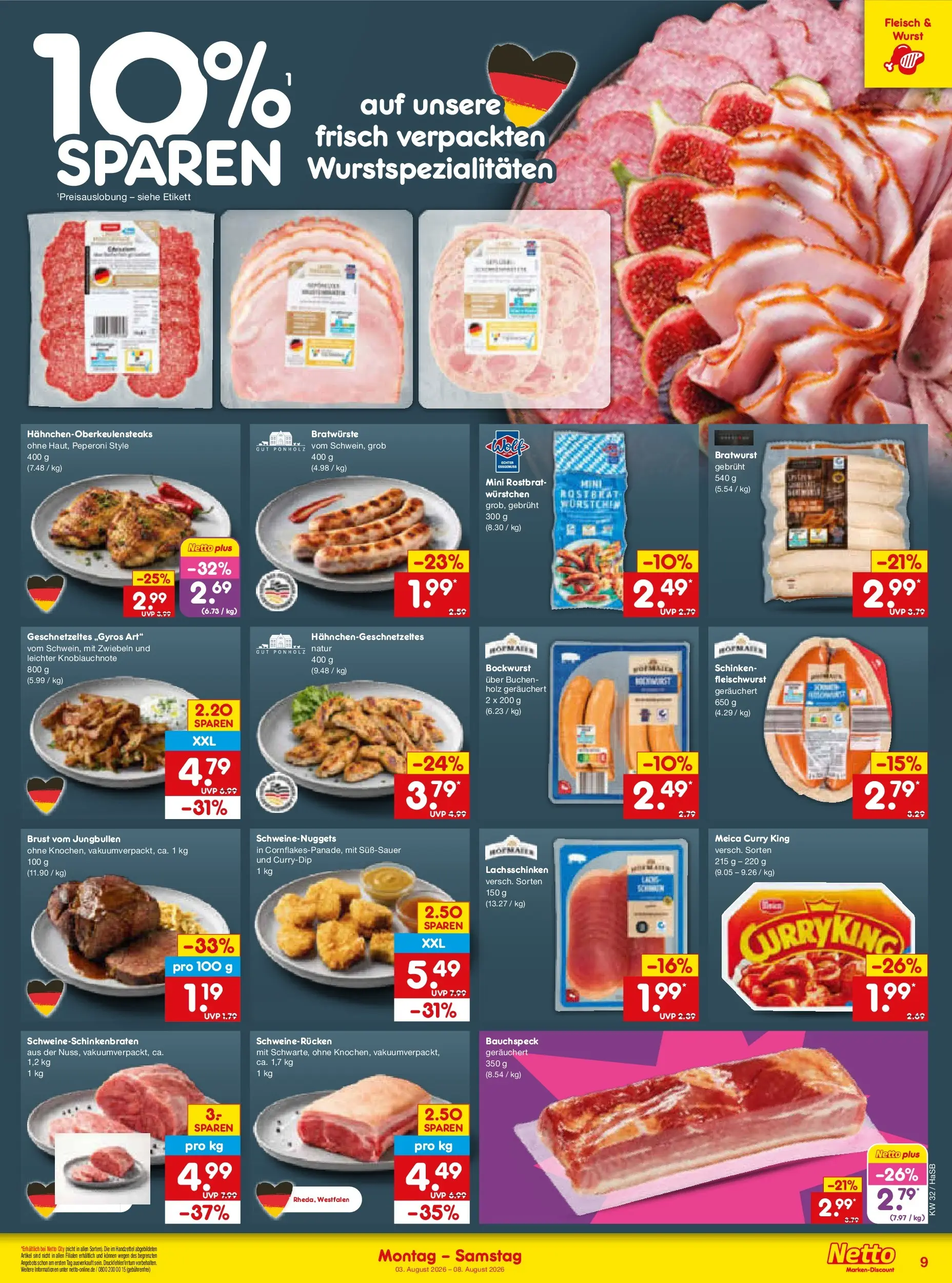 Netto Marken-Discount Prospekt Unna (ab 03.08.2026) » Angebote | Seite: 19 | Produkte: Bockwurst, Bratwurst, Zwiebeln, Schweinerucken