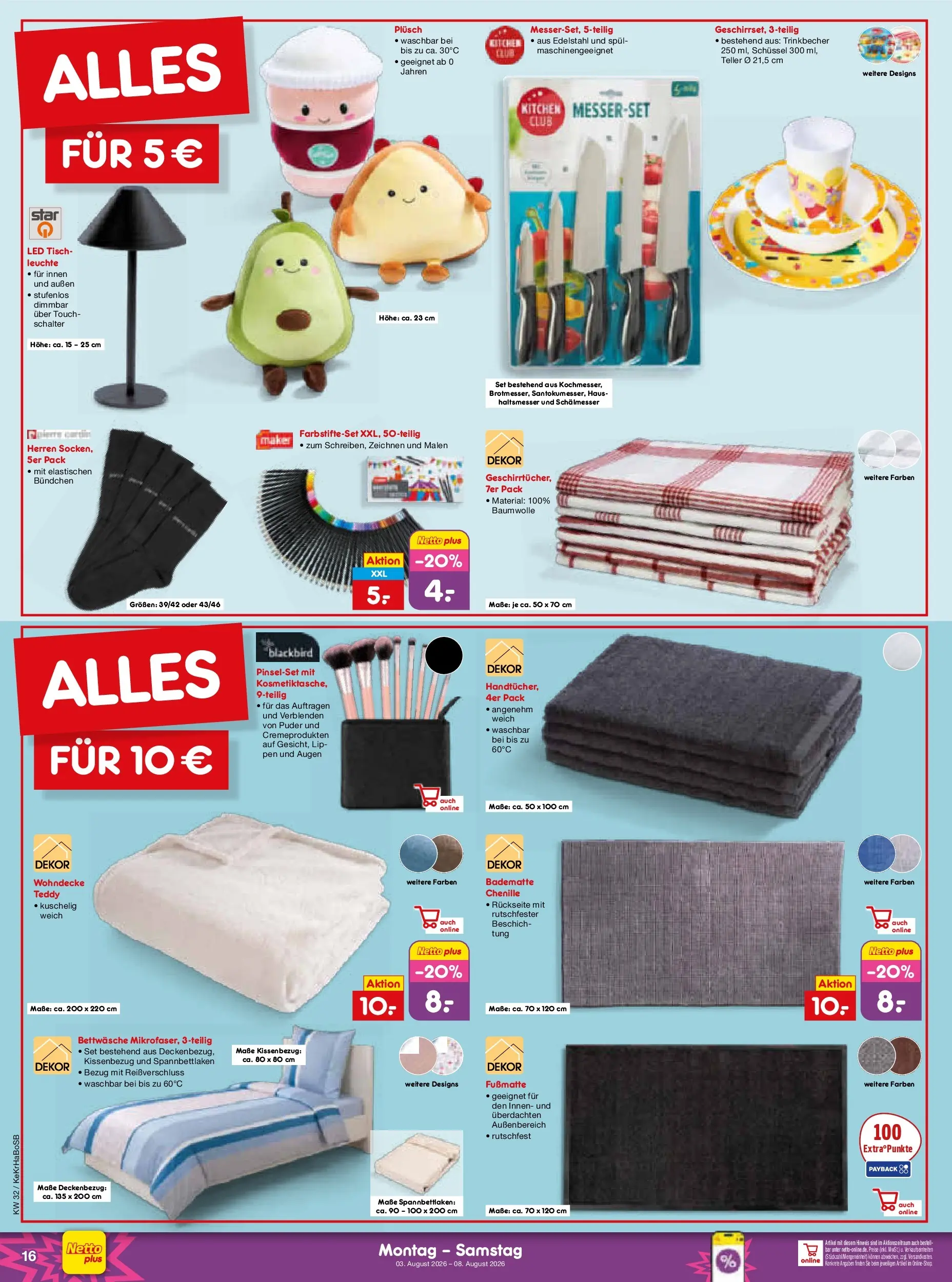 Netto Marken-Discount Prospekt Koblenz (ab 03.08.2026) » Angebote | Seite: 32 | Produkte: Tisch, Bettwäsche, Puder, Fußmatte